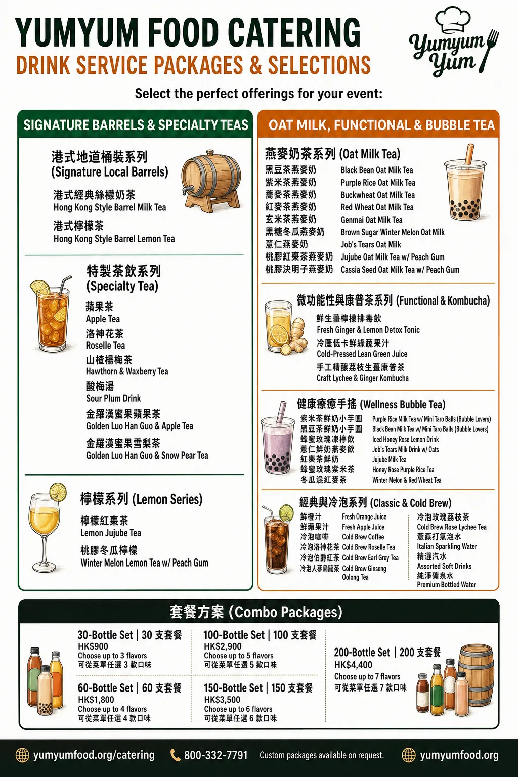 YumYum Food Catering drink service packages and selections menu showing non-alcoholic drinks, teas, juices, cold brew and package choices