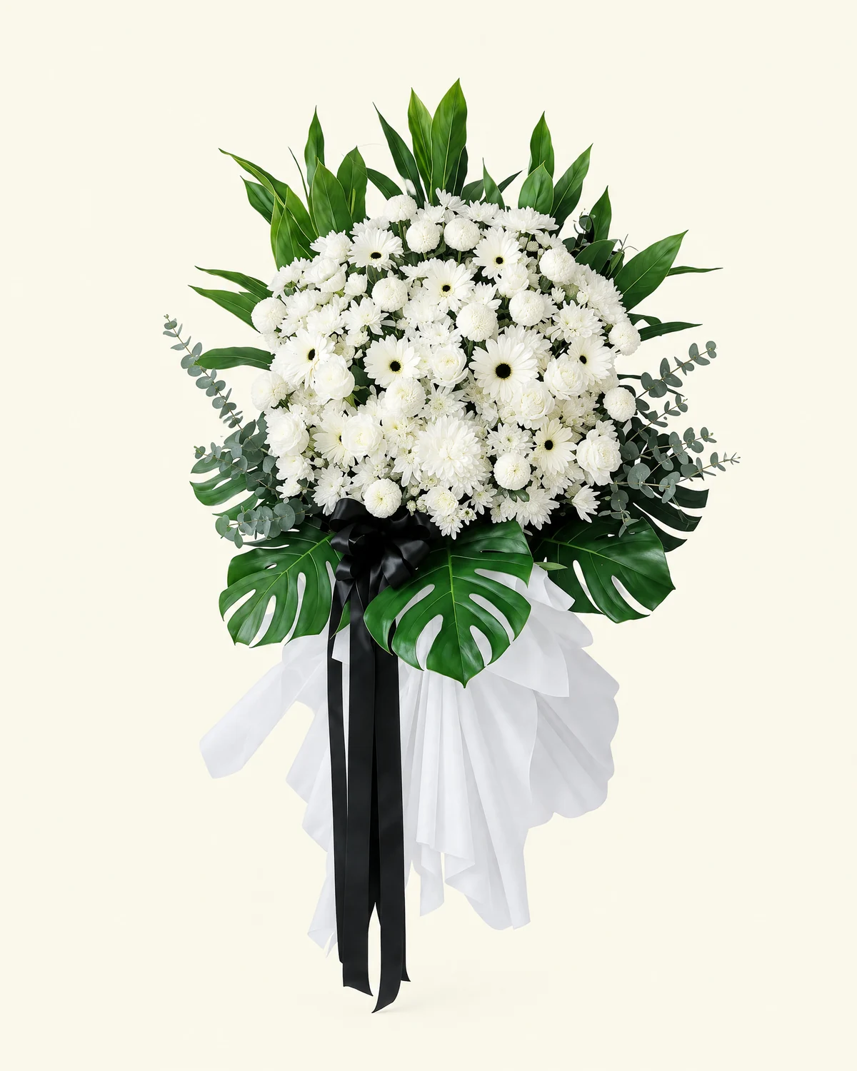 白色菊花花架 — 白色菊花、龜背竹葉、灰綠色圓葉襯葉、白色包裝紙、黑色絲帶