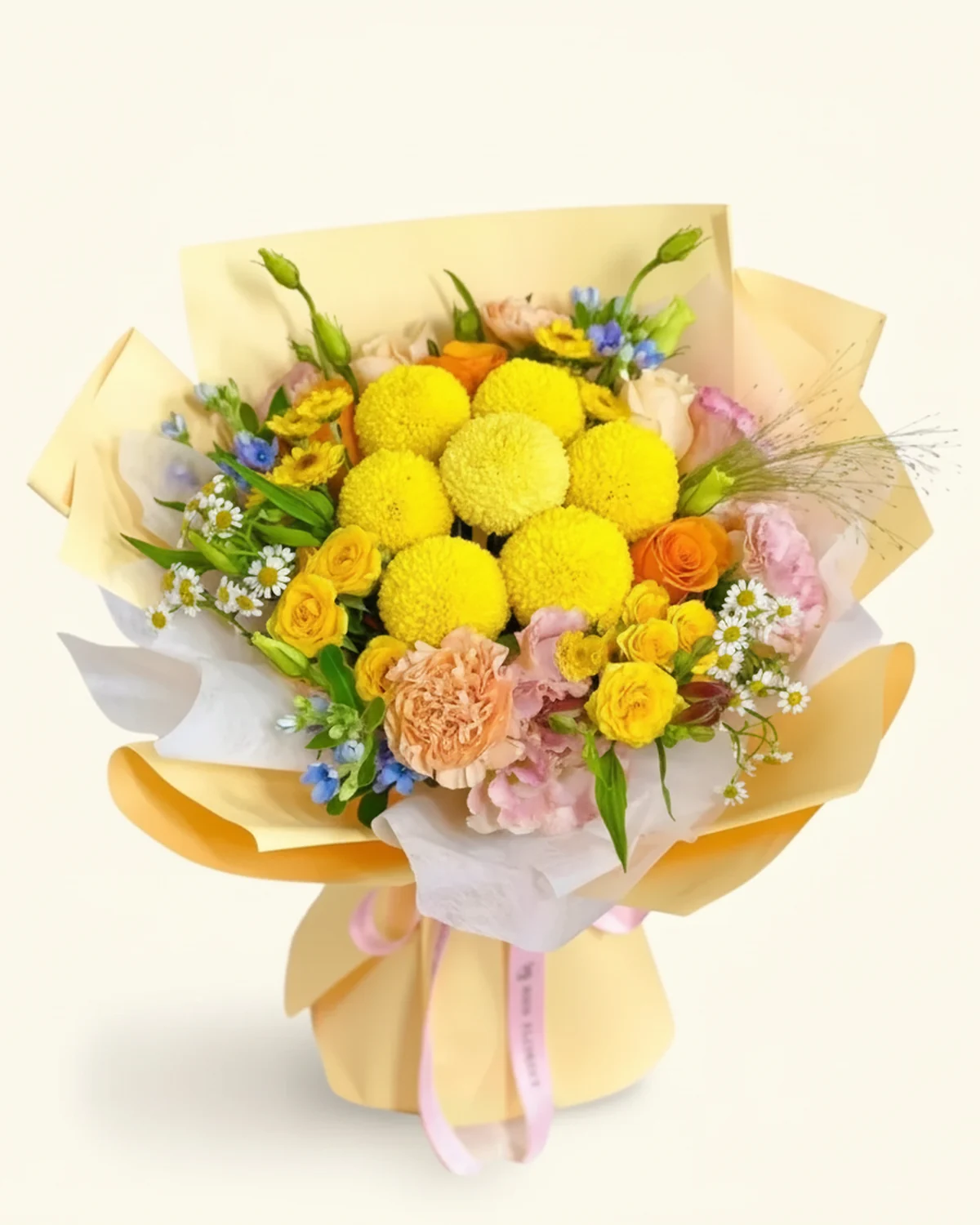 活力粉金生日束 — 多頭玫瑰、乒乓菊、香檳桔梗、小雛菊、粉色玫瑰