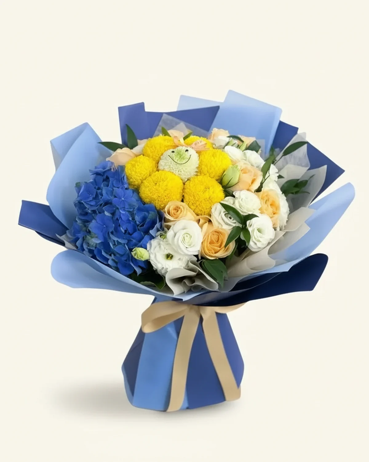 藍白雅韻生日束 — 香檳玫瑰、乒乓菊、白桔梗、藍色繡球
