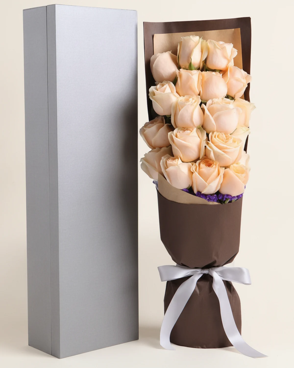 Precious Tribute Flower Box — Champagne roses — 19 stems, Forget-me-nots
