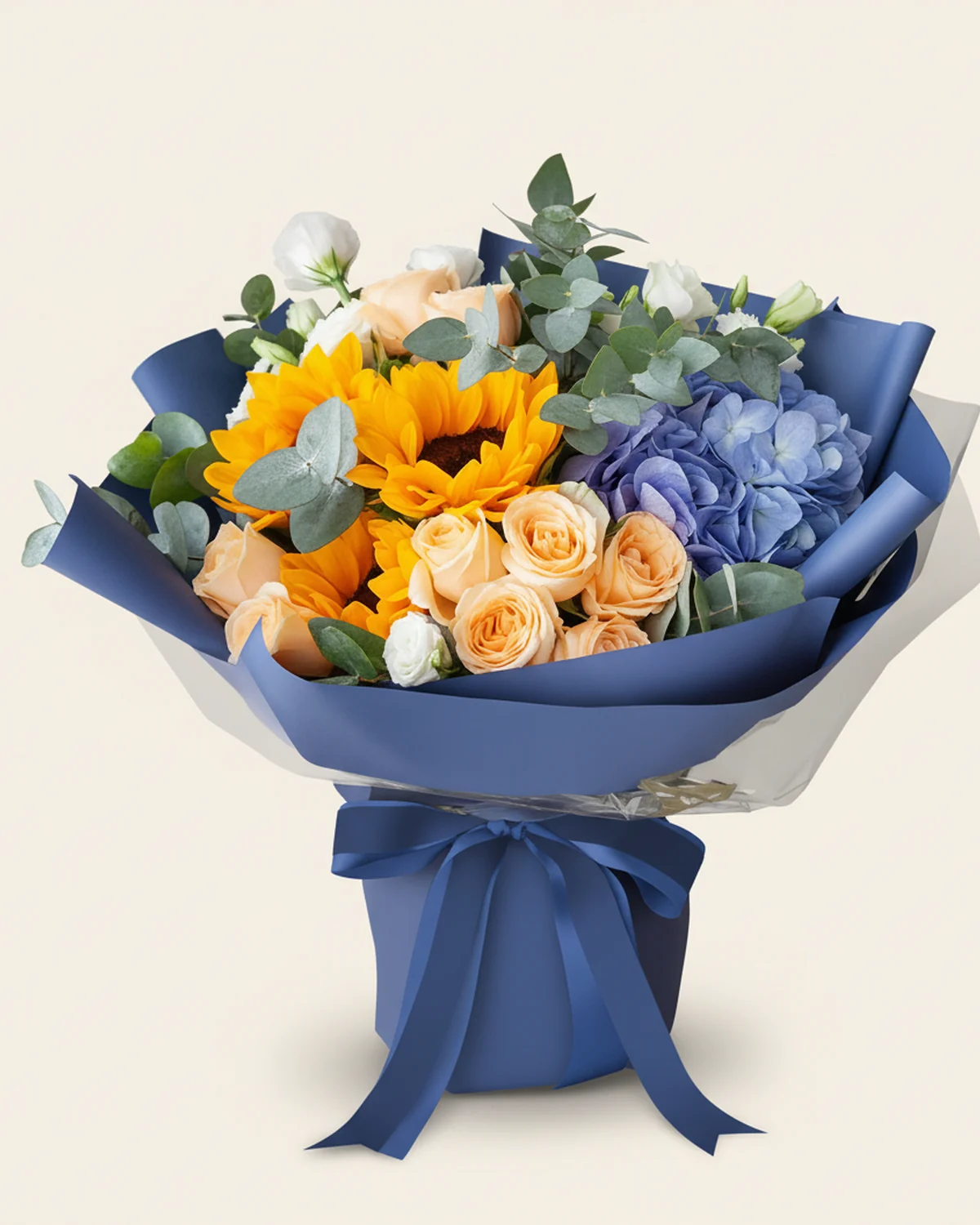 Blue Hydrangea & Sunflower Mixed Bouquet — Champagne roses, 9 stems, Blue hydrangea, 1 stem, Sunflowers, 3 stems, White lisianthus, 5 stems, Large-leaf eucalyptus, 5 stems