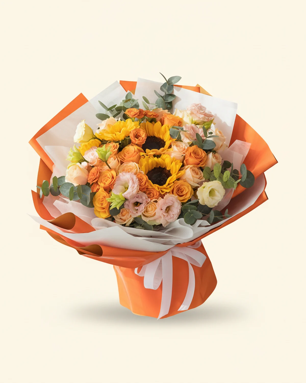 Golden Sun Tribute Large Bouquet — Sunflowers — 4 stems, Champagne roses — 12 stems, Brilliant roses — 7 stems, Orange multi-head 'bubble' roses — 3 stems (6–8 heads/stem), Champagne-coloured multi-head eustoma — 4 stems (3+ heads/stem), Eucalyptus foliage