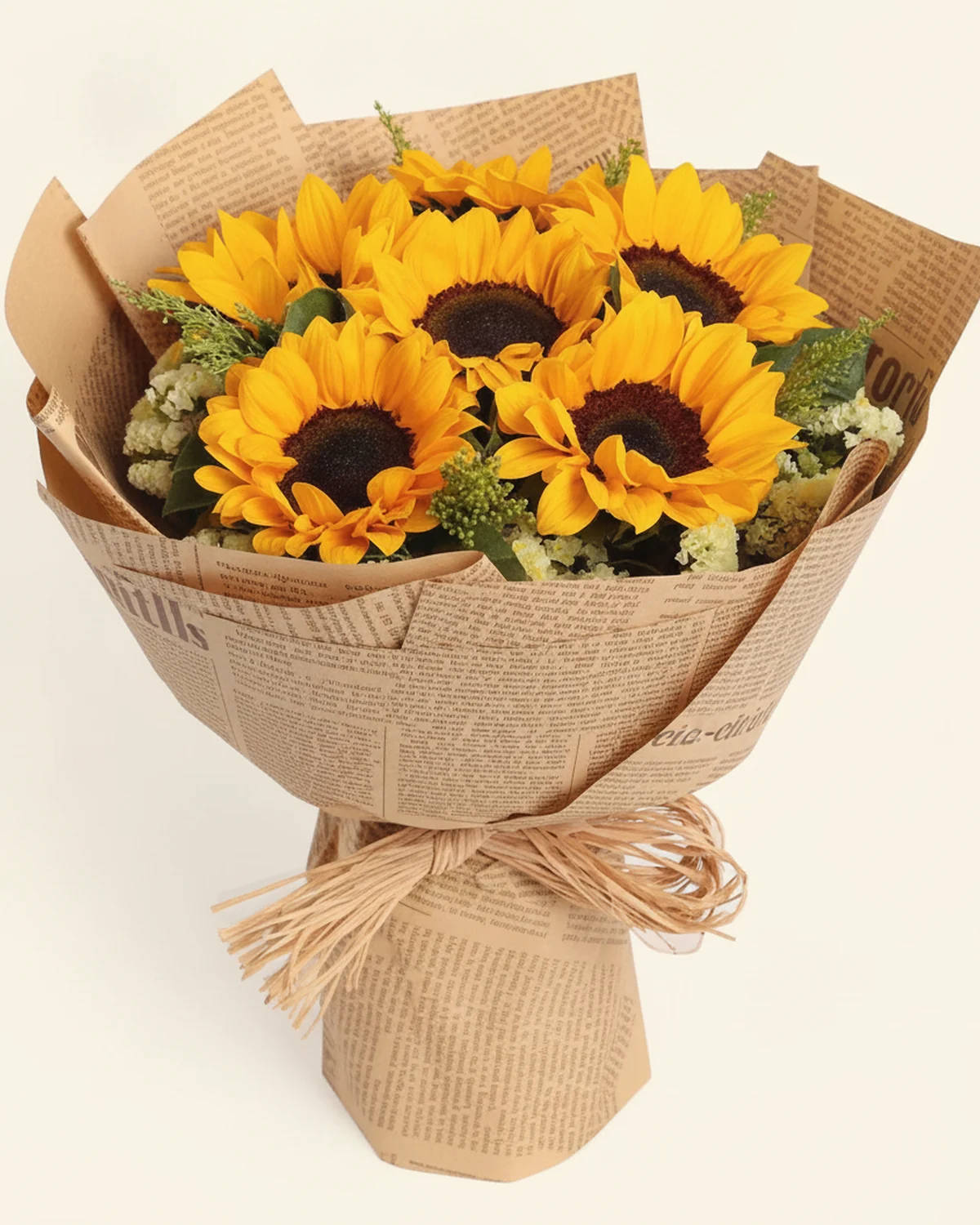 Sunflower Ode Bouquet — Sunflowers — 6 stems, Yellow forget-me-nots, 2 stems, Solidago (goldenrod), 10 stems