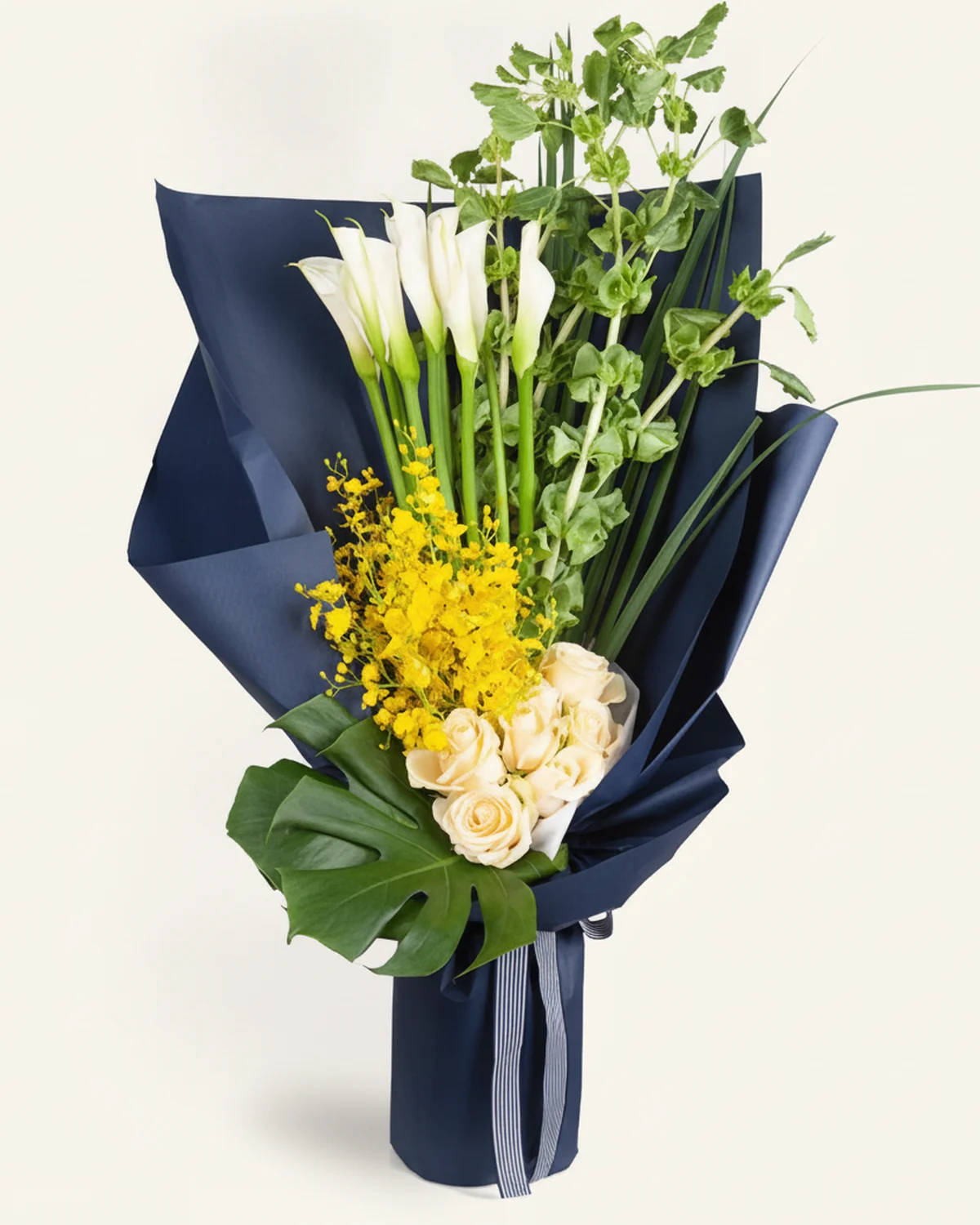 Breeze Tribute Bouquet — White calla lilies — 1 bunch, Dancing orchids — 1 bunch, Shells — 0.5 bunch, A-grade champagne roses — 8 stems, Iris leaves — 1 bunch, Monstera (split-leaf) leaves — 3 pieces