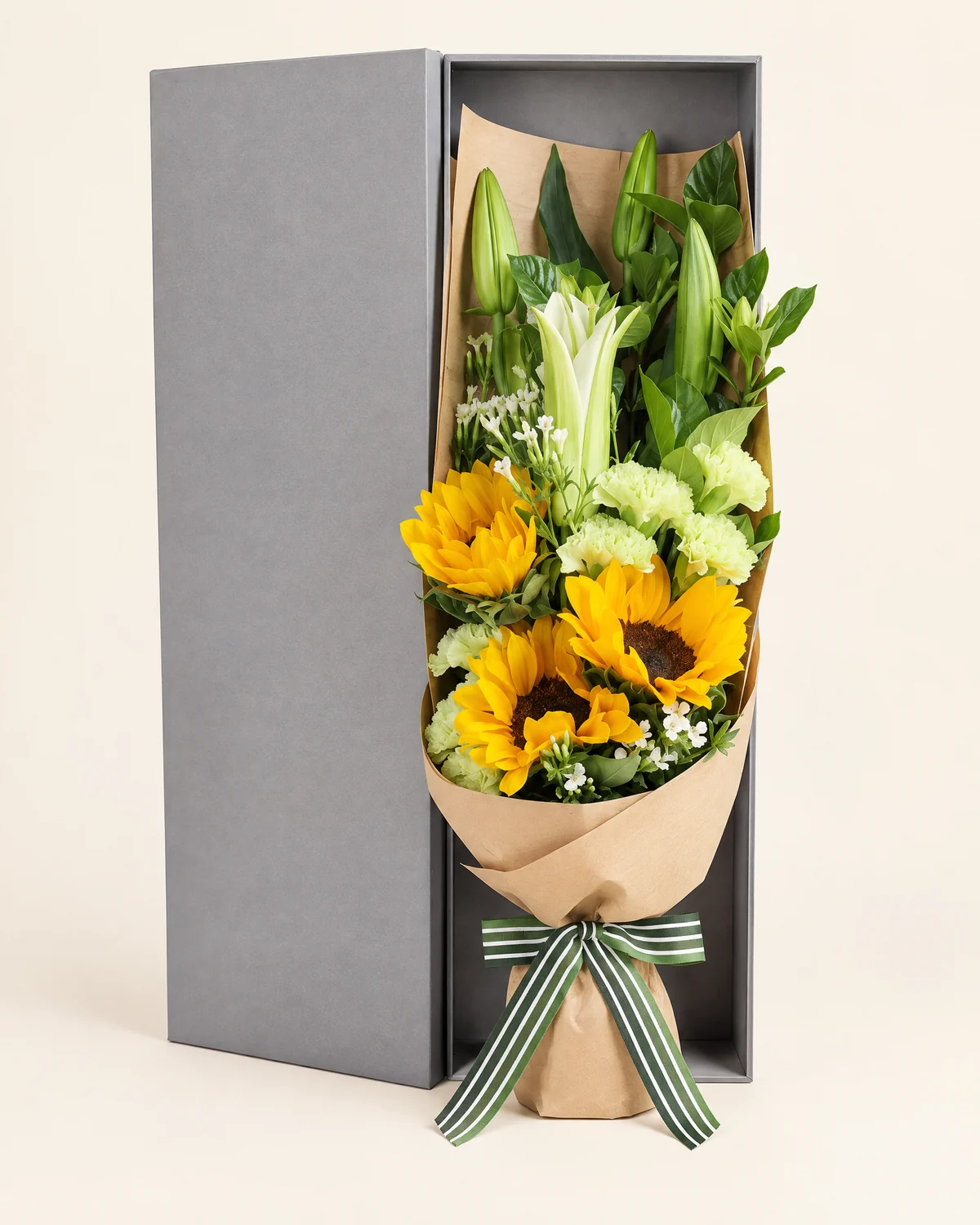 Sunlit Protection Bouquet — Sunflowers, 3 stems, Green carnations, 8 stems, White lilies, 2 stems, Gardenia foliage, 4 stems, White waxflower, 2 stems