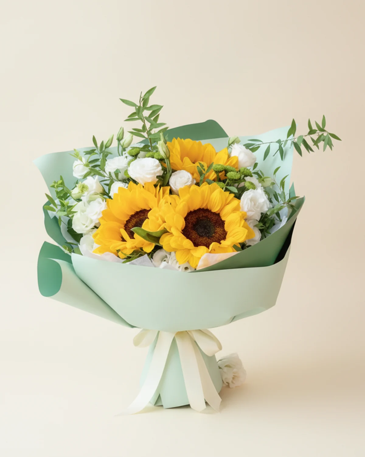 Gentle Breeze Bouquet — Sunflowers, 3 stems, White lisianthus, 5 stems (multi-head, 3+ heads per stem), Green spray chrysanthemums, 2 stems, Spirea (snow willow), 1 stem