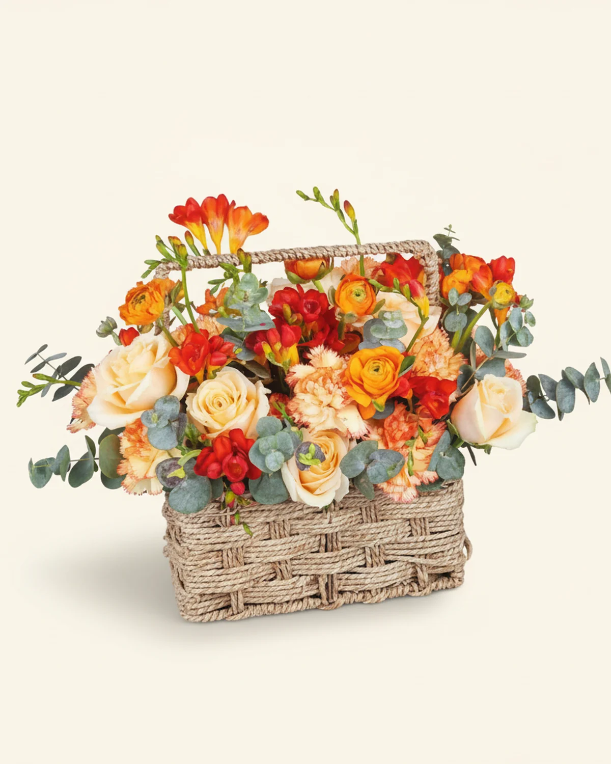 Tenfold Tribute Bouquet — Champagne roses, 10 stems, Orange carnations, 10 stems, Red freesia, 10 stems, Orange peonies, 10 stems, Eucalyptus foliage, 10 stems