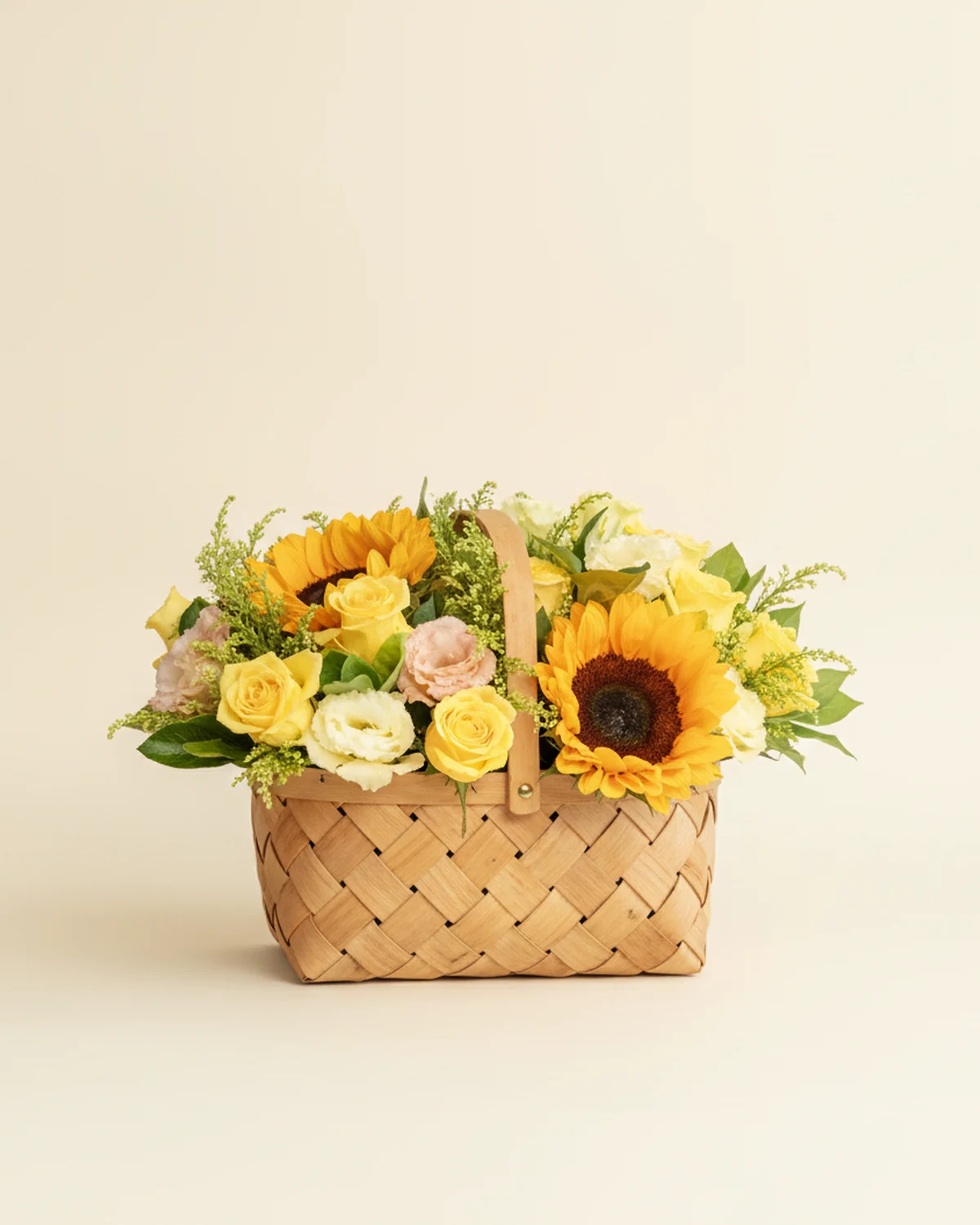 Radiant Smile Sunflower Bouquet — Sunflowers, 2 stems, Gold-branch roses, 13 stems, Champagne lisianthus, 2 stems, Solidago (goldenrod), 2 stems