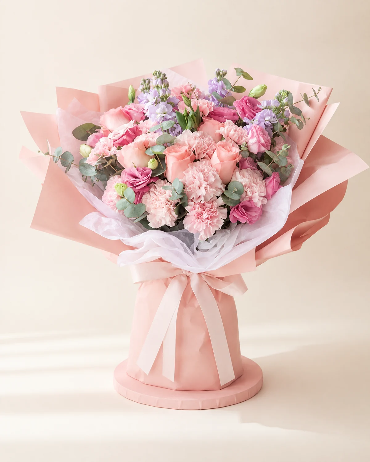 Korean-Style Gentle Care for Dad — Pink carnations, 13 stems, Diana pink roses, 5 stems, Pink lisianthus, 5 stems (multi-head, 3+ heads per stem), Light purple stock flowers, 5 stems, Eucalyptus, 10 stems