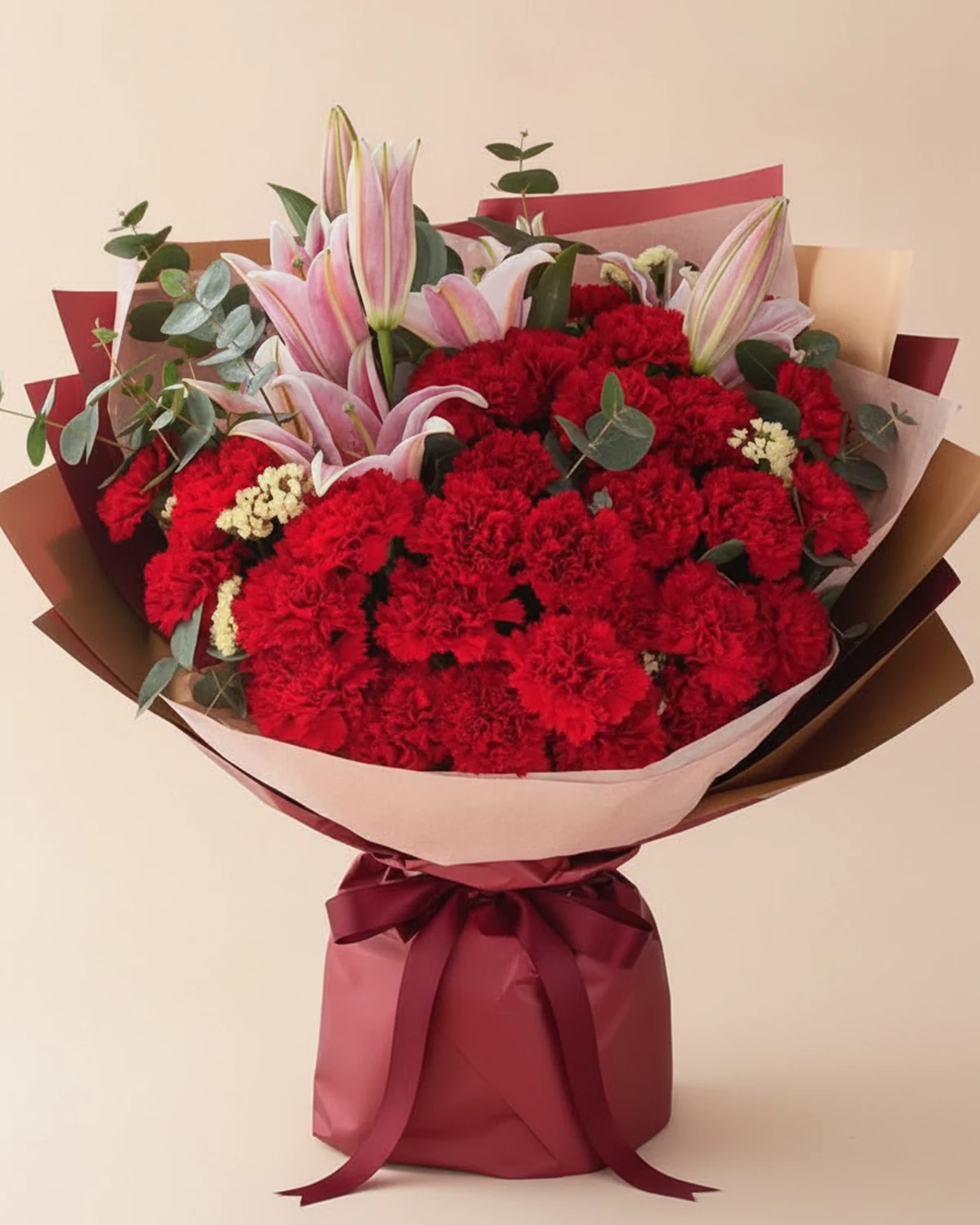 Father's Day — Tribute of Resilience — 29 red carnations, 3 pink lilies (3–5 heads per stem), 3 yellow forget-me-nots, 10 eucalyptus stems