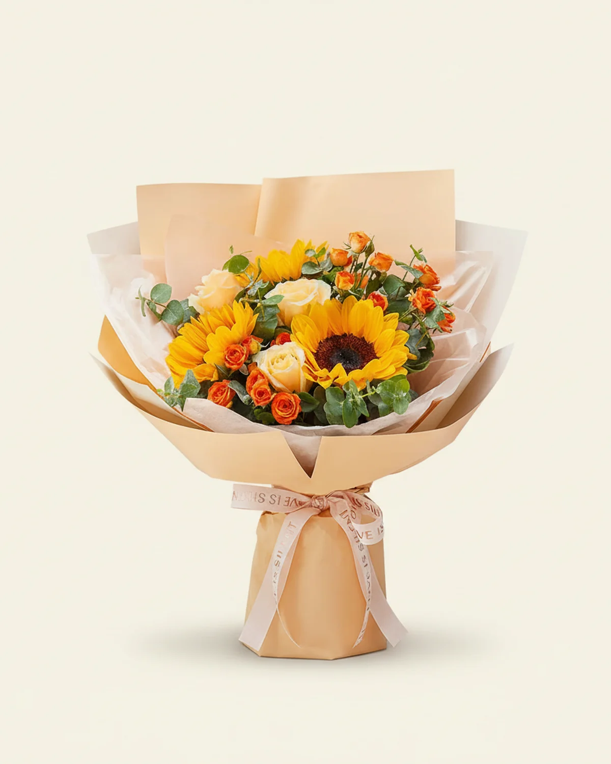 Sunlit Tribute Bouquet — 3 champagne roses, 3 sunflowers, 2 orange spray roses (6–8 heads per stem), 5 eucalyptus stems