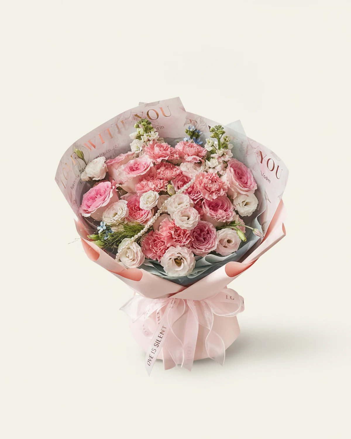 Fragrant Remembrance for Dad — 8 Luoshen roses, 9 pink carnations, 2 blue star flowers, 4 white eustoma (3 heads per stem, with pink speckling), 2 white stock flowers, 2 fountain grass stems