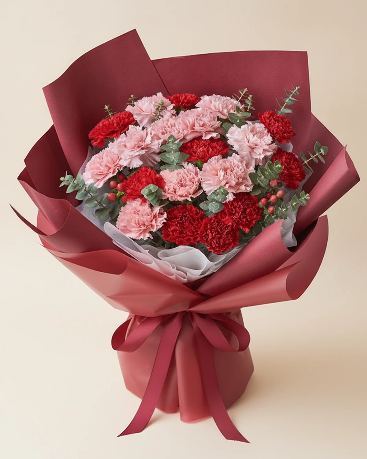 Enduring Joy for Dad — 10 pink carnations, 9 red carnations, 15 eucalyptus stems, 2 red seed/berry branches (hongdou)
