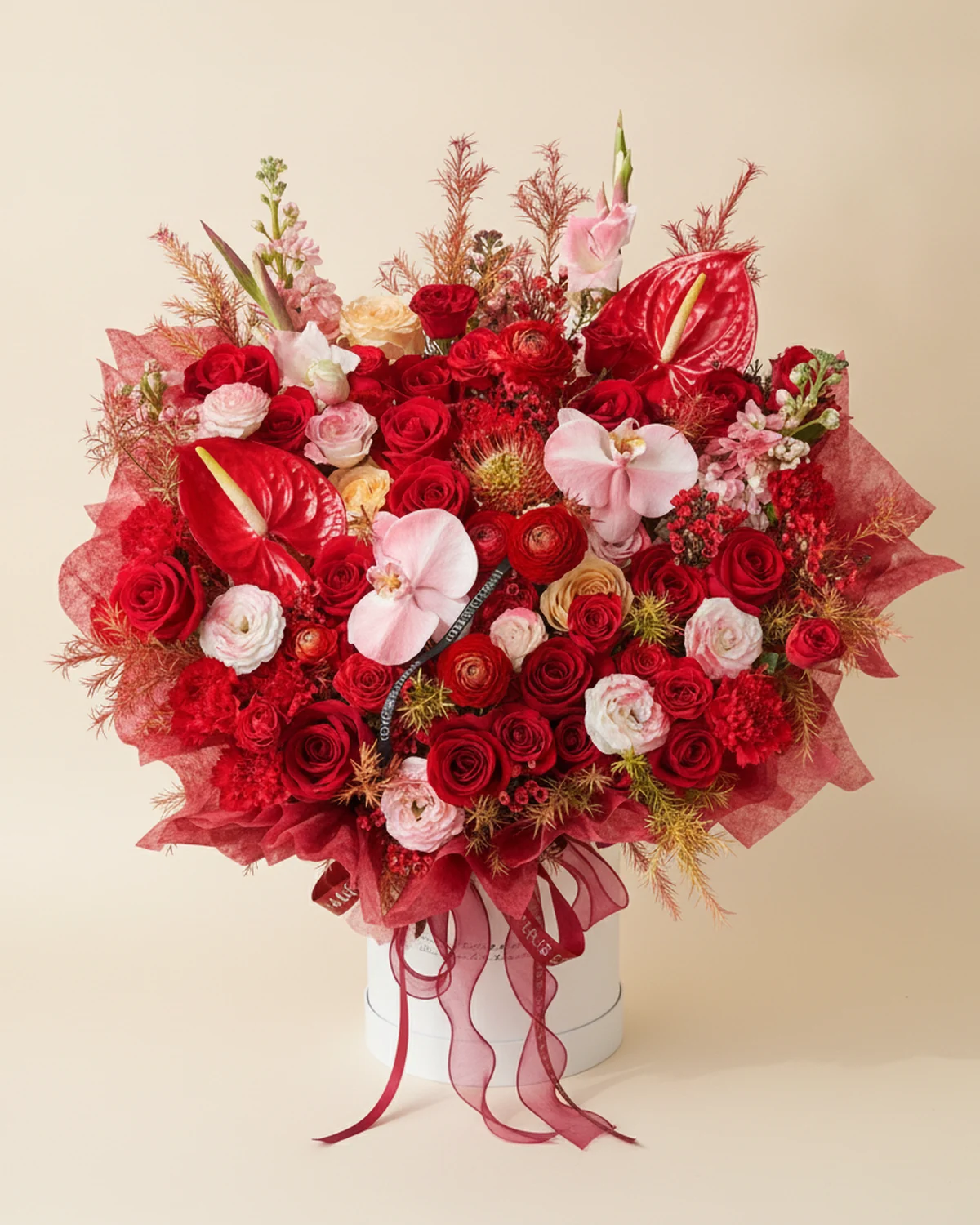 Fiery Tribute in Red — 17 red roses, 1 gold-red pincushion, 4 red wintersweet (multi-head), 4 white stock flowers (sprayed red), Red anthuriums, 2 stems, 2 white phalaenopsis orchids (sprayed red), 12 golden statice, 9 red carnations, 4 white eustoma (3+ heads per stem, sprayed red), 3 red spray roses (3+ heads per stem), 5 red peonies, 3 champagne roses, 2 white gladiolus (sprayed red), 1 large 19.5 cm hug bucket
