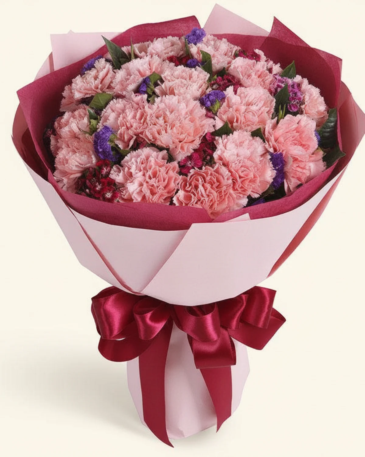 Blossoms of Joy for Dad — 19 pink carnations, 10 dianthus (cottage pinks), 2 purple forget-me-nots, Gardenia foliage, 10 stems
