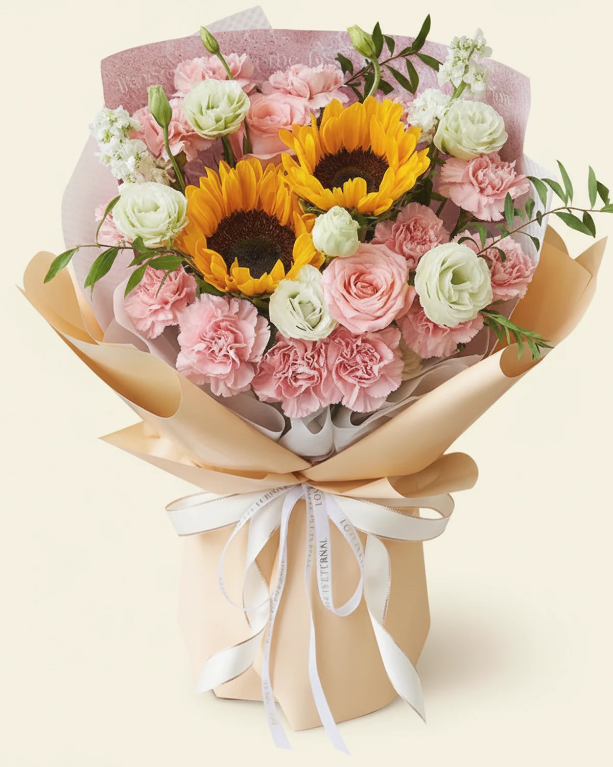 Sunflower Wishes Bouquet — 2 sunflowers, 13 pink carnations, 2 white stock flowers, 5 green eustoma (3+ heads per stem), 2 pink 'Diana' roses, 4 spirea leaves