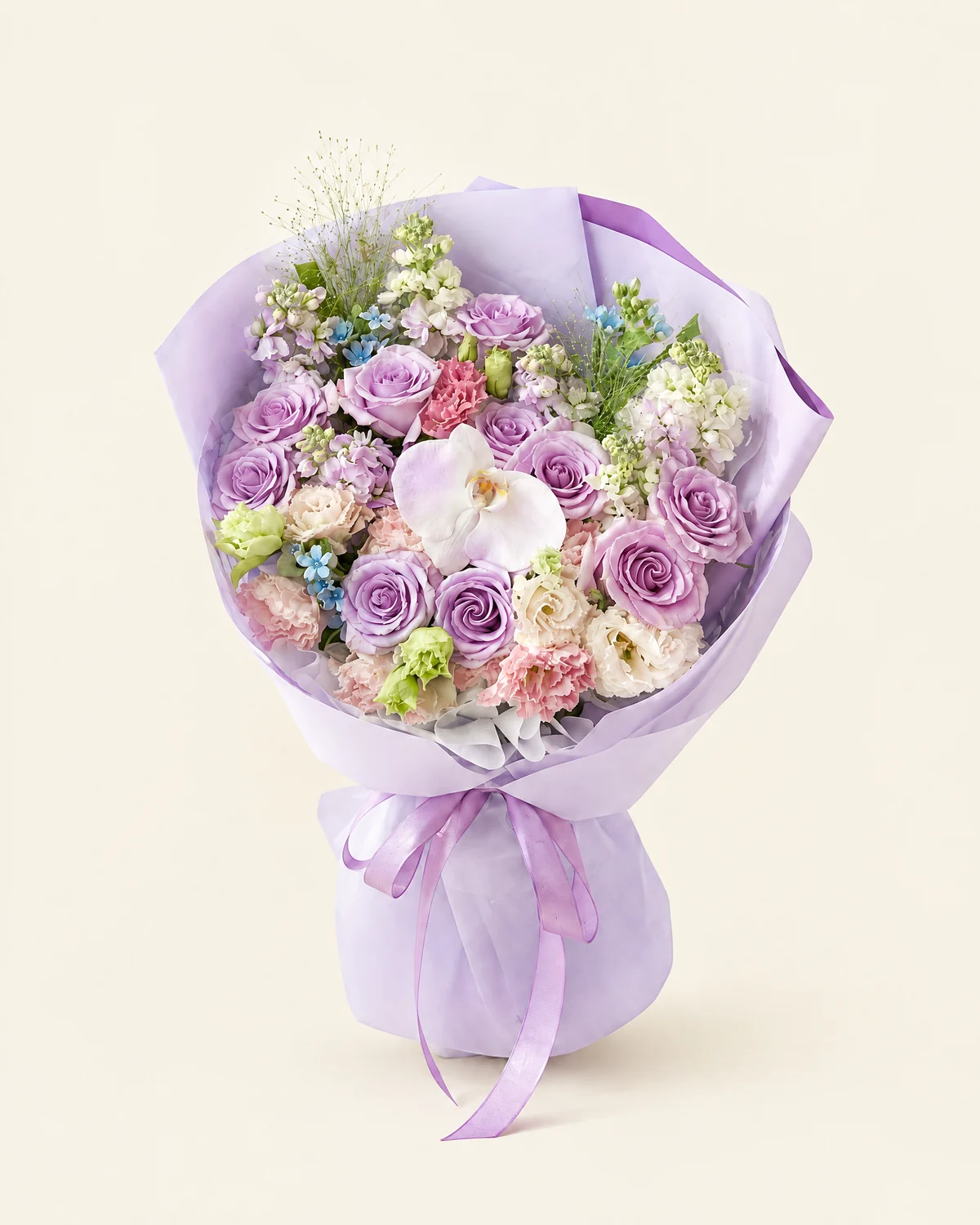 Violet Tribute for Dad — 11 purple roses, 3 purple stock flowers, 3 white stock flowers, 3 blue star flowers, 2 fountain grass stems, 1 white phalaenopsis orchid (sprayed light purple), 4 pink ruffled eustoma stems (3 heads per stem)