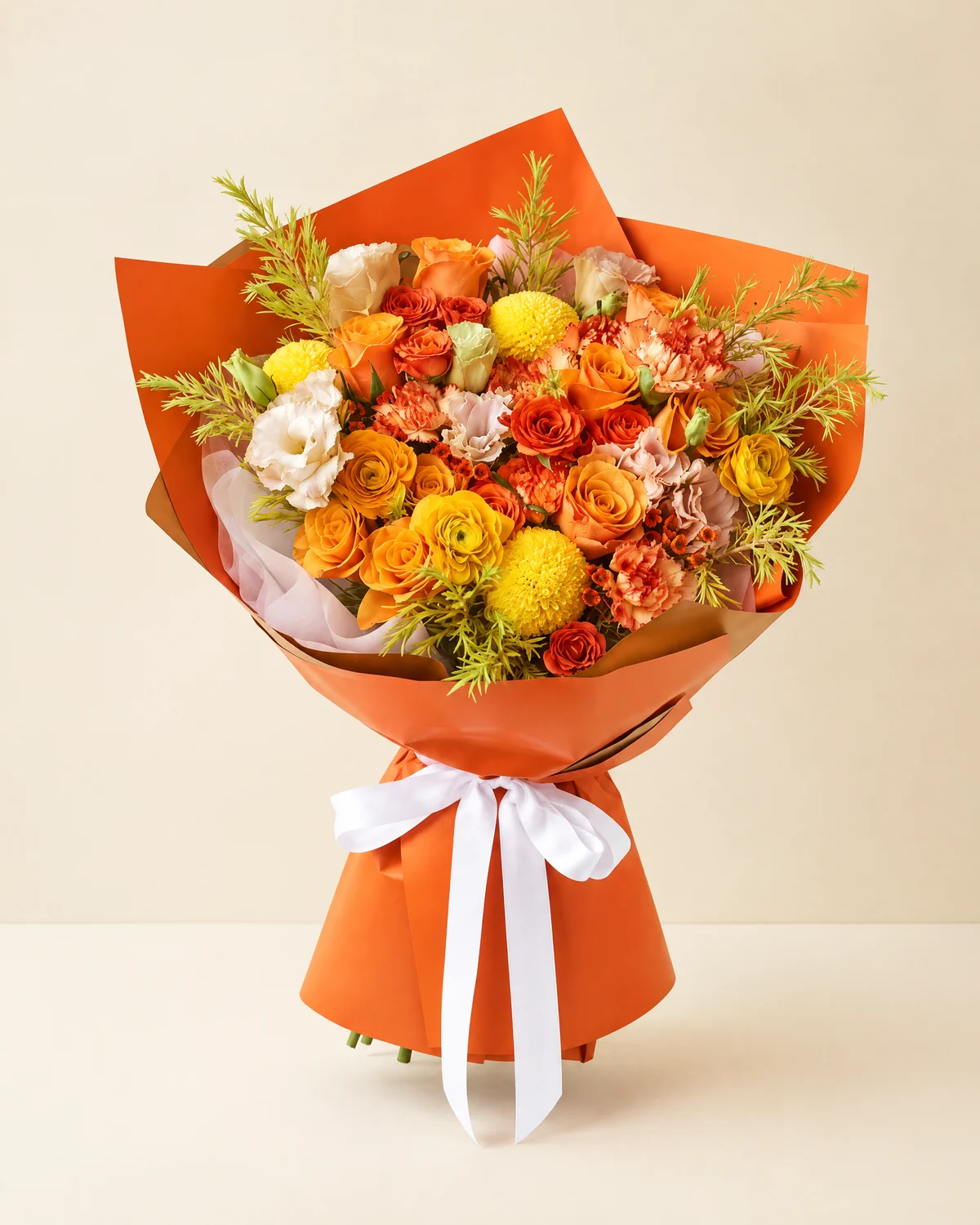 Sunlit Tribute for Dad — 9 "Huihuang" roses, 3 yellow ping-pong chrysanthemums, 3 yellow ranunculus, 5 yellow carnations with orange edges, 2 orange wintersweet stems, 2 orange multi-headed puff stems (3+ heads per stem), 3 champagne-colored eustoma stems (3+ heads per stem), 8 yellow solidago (goldenrod) stems