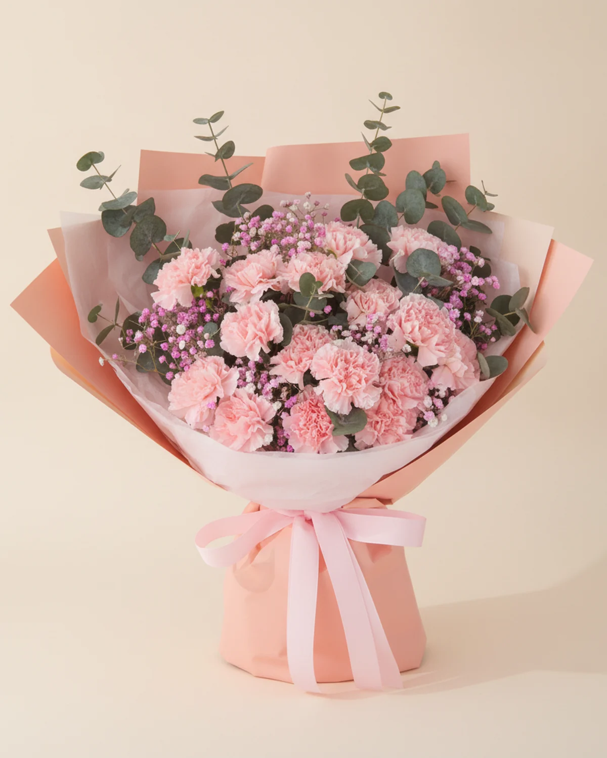 Pink Carnation & Baby’s Breath Bouquet — Pink carnations, 16 stems, Pink baby's breath, 3 stems, Eucalyptus, 10 stems