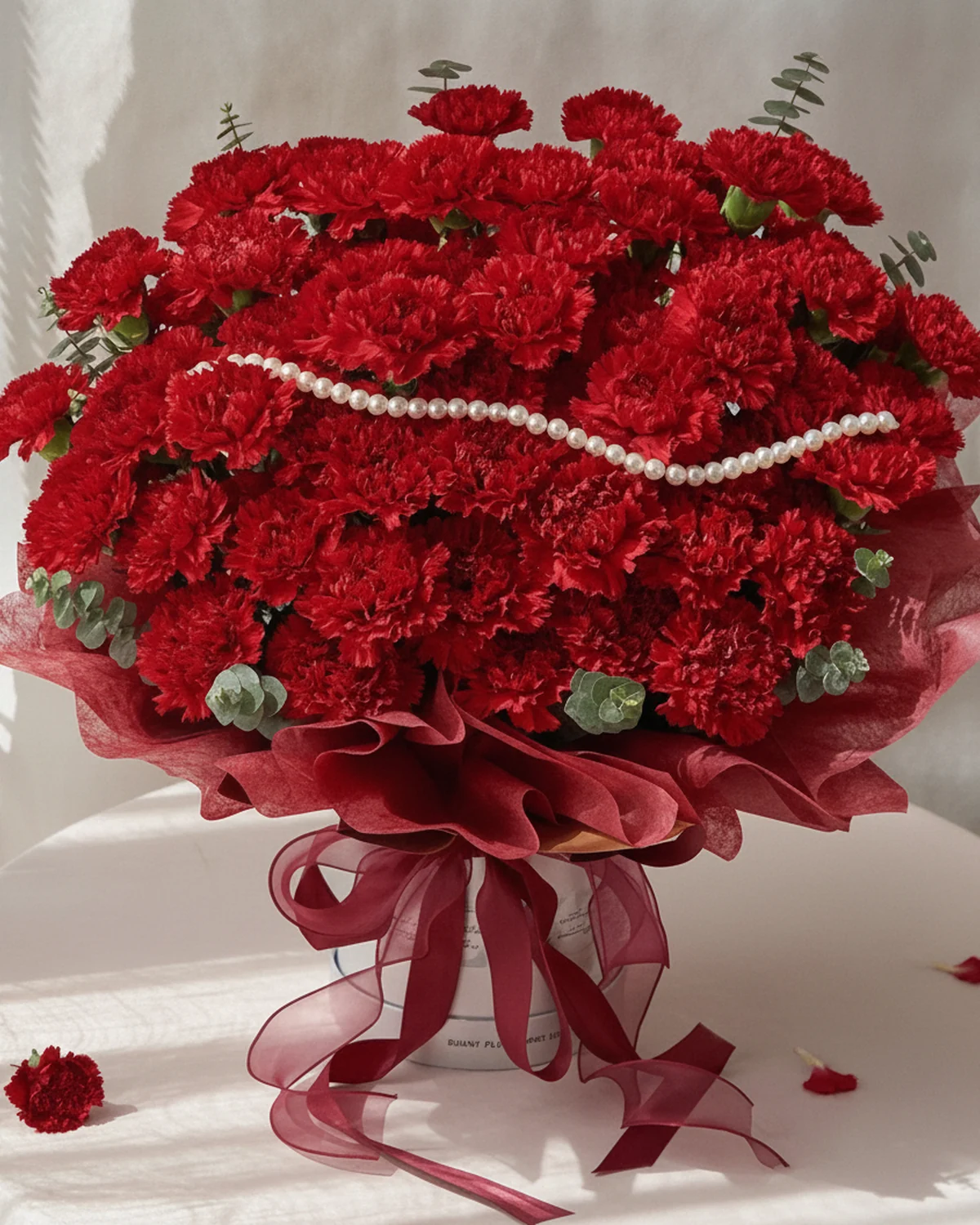 A Bold Salute for Dad — 66 red carnations, 15 eucalyptus stems