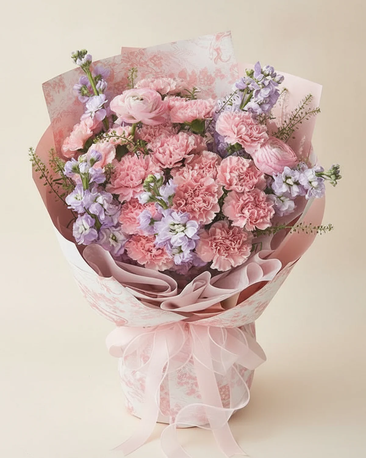 Dear Dad, With Thanks — 18 pink carnations, 5 light purple stock flowers, Pink ranunculus, 2 stems, Green Trick dianthus