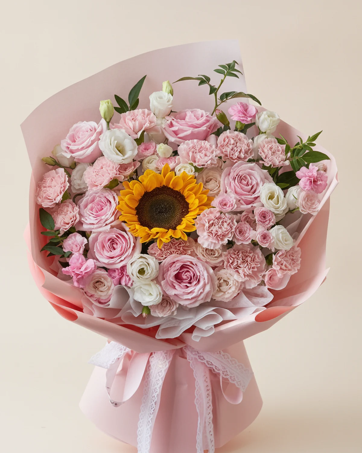 Sunlit Thanks for Dad — 1 large sunflower, 6 pink roses, 11 pink carnations, 3 pink multi-headed carnation stems, 5 white eustoma stems (3+ heads each), 3 pink multi-headed rose stems (3+ heads each), 4 stems of nine-star foliage