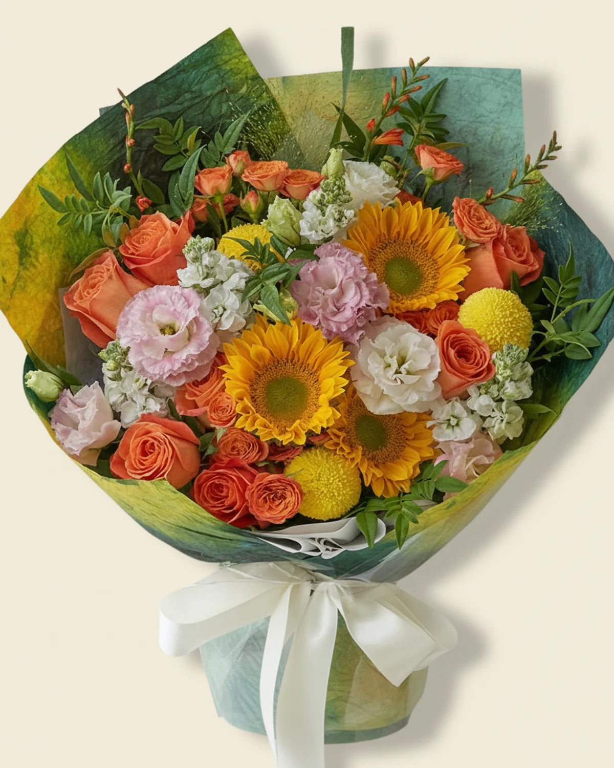 Fiery Thanks for Dad — 3 green-centered sunflowers, 7 'King's Day' orange roses, 3 orange multi-headed bubble stems (5+ heads per stem), 4 white stock flowers, 3 pink ruffled eustoma stems (3+ heads per stem), Nine-star foliage, 5 stems, 2 fountain grass stems, 3 yellow ping-pong chrysanthemums, Gloriosa lilies, 3 stems