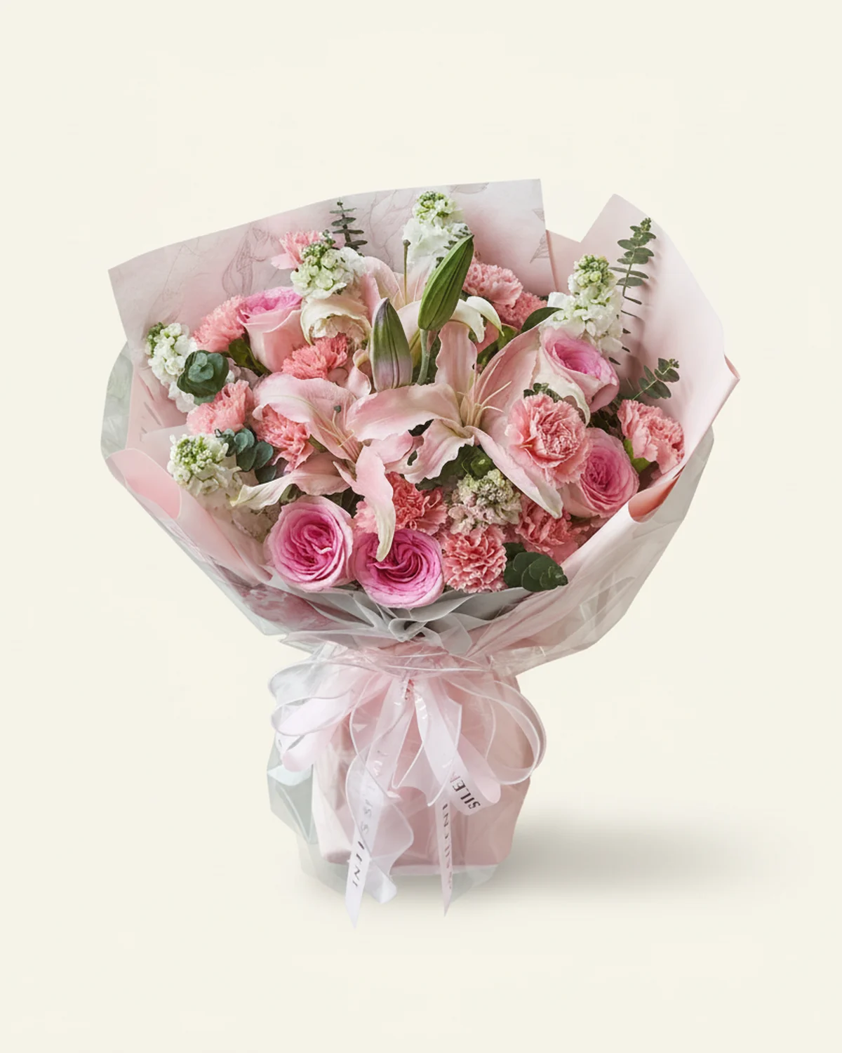 Steadfast Tribute for Dad — 12 pink carnations, 1 white scented lily sprayed pink (4-5 heads per stem), 6 Luoshen roses, 6 white stock flowers (lightly sprayed pink), 15 eucalyptus stems