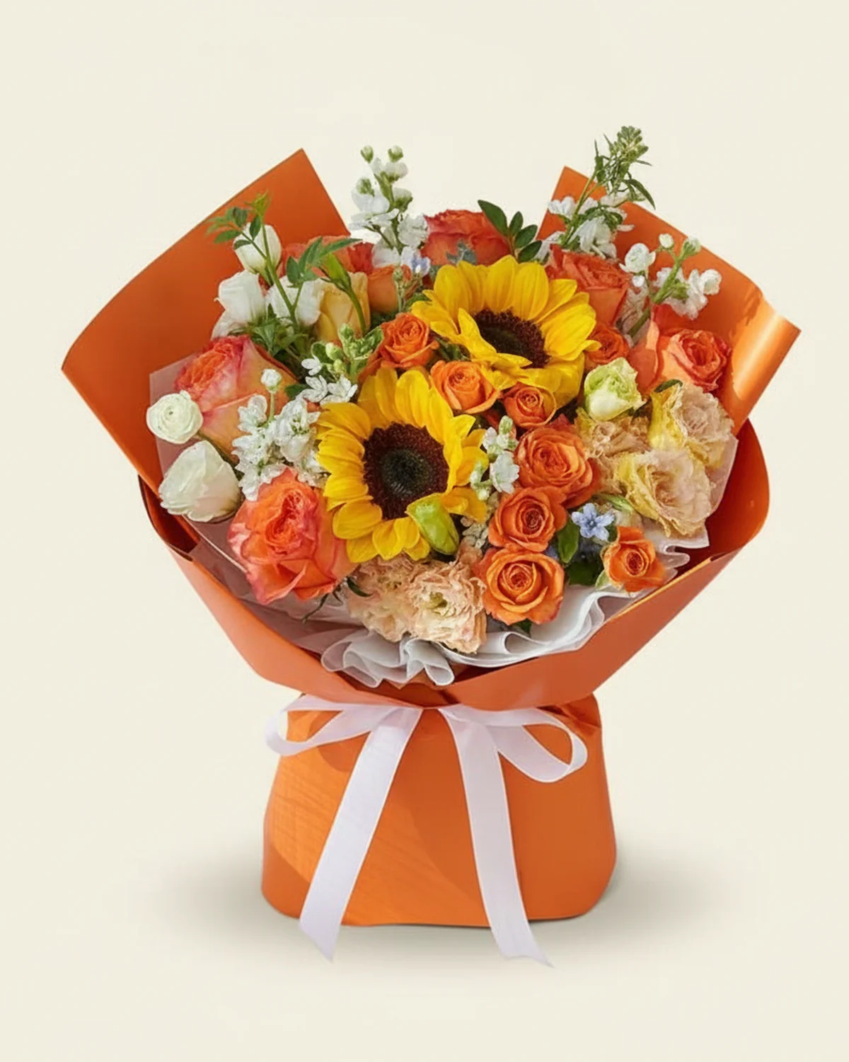 Sunlit Guardian Bouquet for Dad — Sunflower 2 stems, King's Day orange roses 7 stems, Orange pompom (multi-head) 3 stems (5+ heads/stem), White stock flower 4 stems, White lisianthus 2 stems (3+ heads/stem), Champagne lisianthus 3 stems (3+ heads/stem), Blue starflower 2 stems, White starflower 2 stems, Jiuxing leaf (foliage) 2 stems