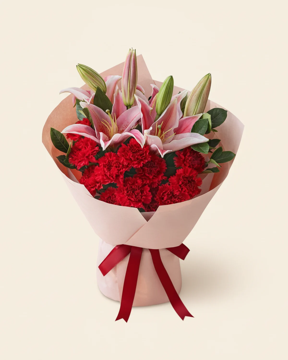 Dad's Deep-Red Tribute — Red carnations 12 stems, Pink oriental lily 2 stems (3–5 heads/stem), Gardenia foliage, 10 stems