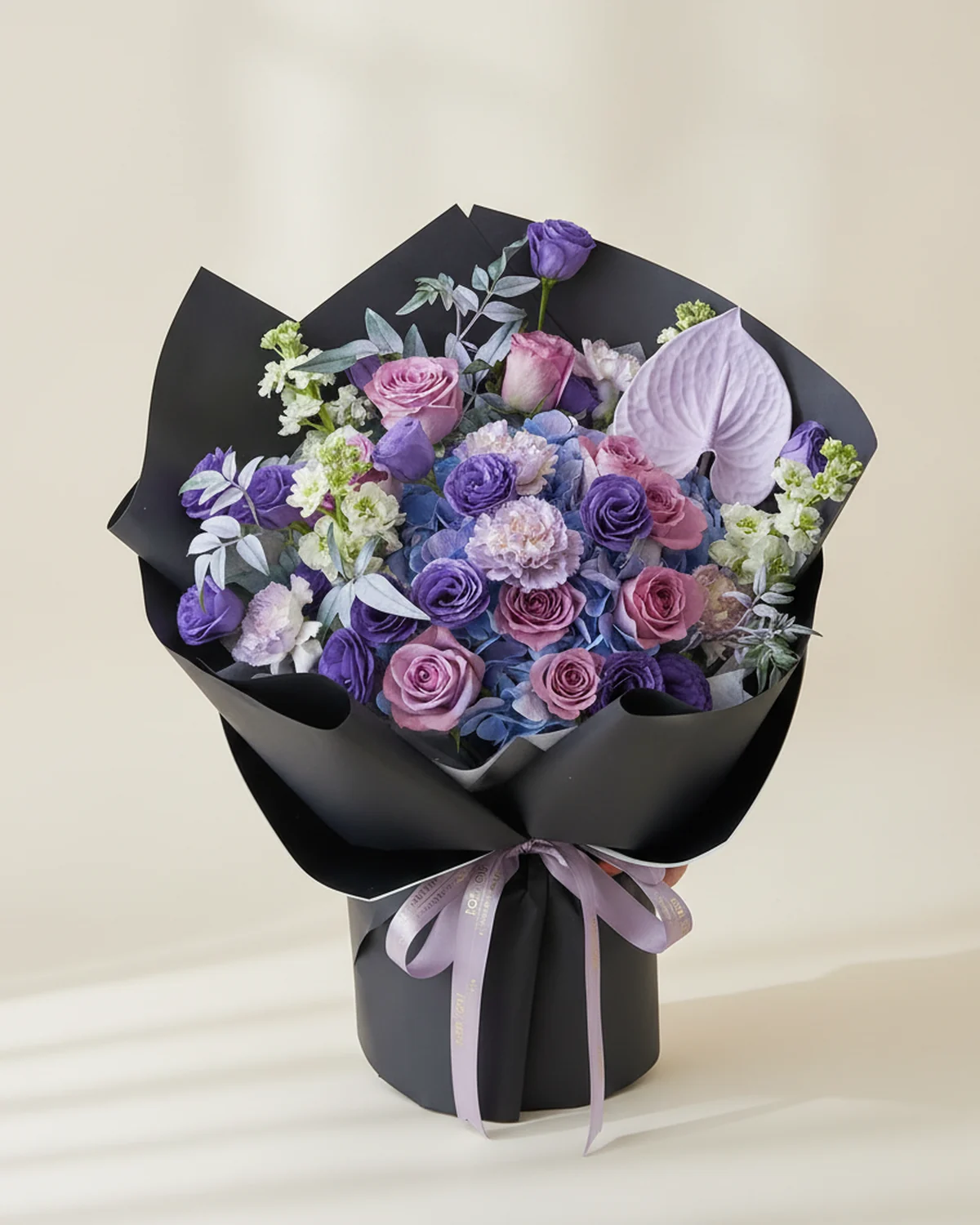 Deep Guardian Bouquet for Dad — Blue hydrangea 1 stem, Purple roses 9 stems, Deep purple lisianthus 6 stems (4 heads/stem), White stock flower 4 stems, White carnations 5 stems (sprayed purple), Jiuxing leaf (foliage) 3 stems (sprayed purple), Anthuriums, 1 stems