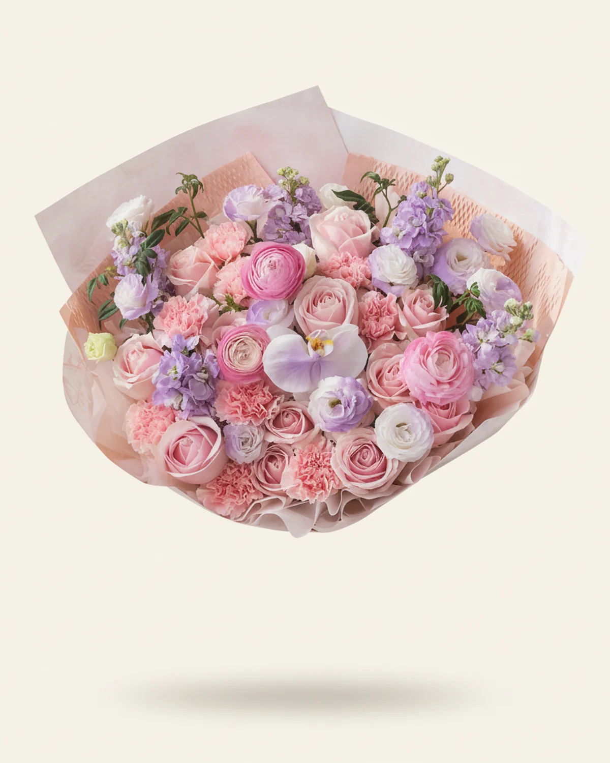 Dad's Gentle Blush Bouquet — Pink roses 12 stems, Light pink carnations 9 stems, Purple stock flowers 5 stems, White lisianthus (sprayed purple) 4 stems (4+ heads/stem), Jiuxing leaf (foliage) 4 stems, White moth orchid 1 bloom (sprayed light purple), Pink peony 3 stems