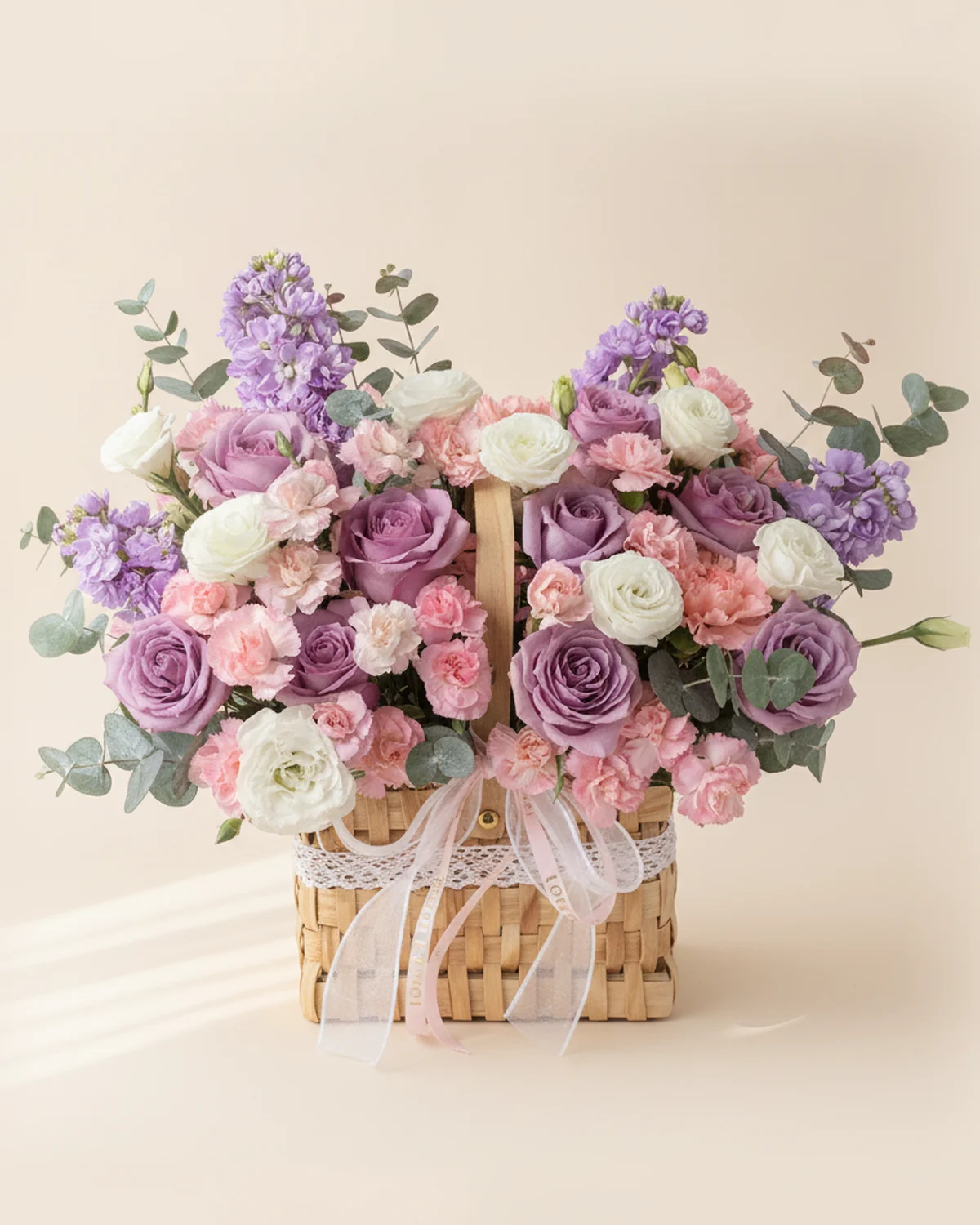 Dad's Violet Serenade Bouquet — stock flower 4 stems, Zixia Fairy purple roses 9 stems, Pink multi-head carnations 8 stems (4–6 heads/stem), White lisianthus 3 stems (3+ heads/stem), Pink carnations 2 stems, Eucalyptus foliage 12 stems