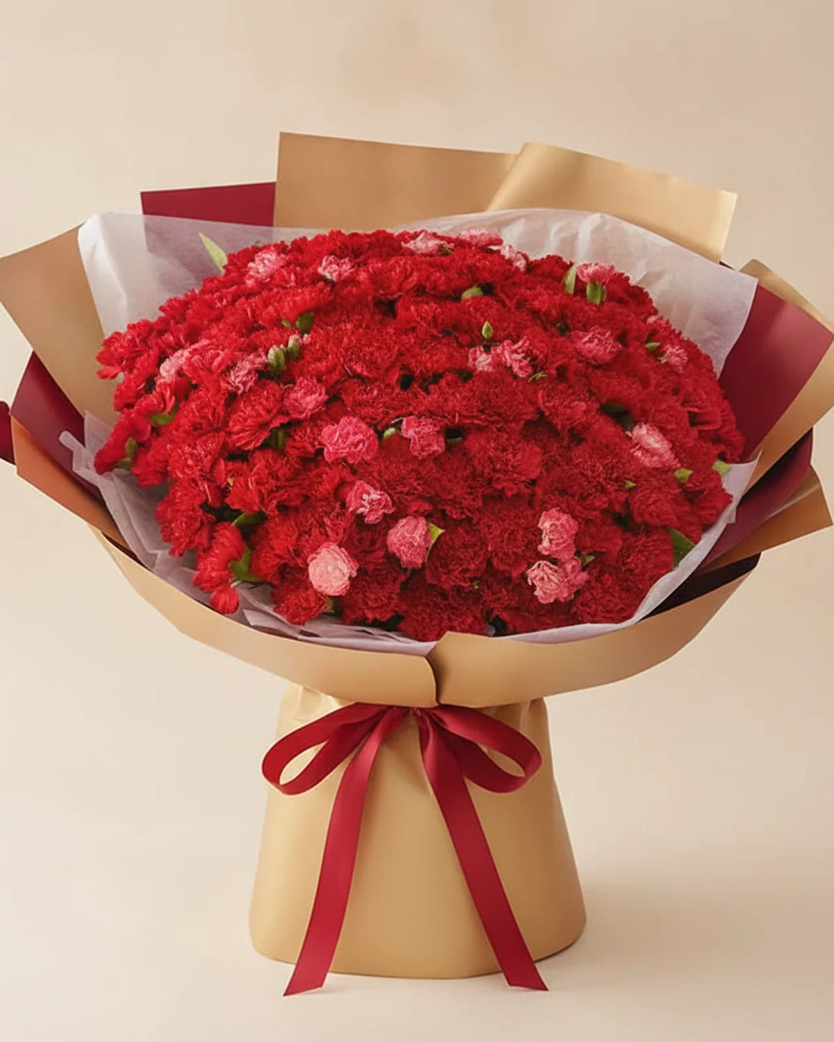 Enduring Tribute for Dad — Red carnations 99 stems, Red multi-head carnations 10 stems, Gardenia foliage, 15 stems