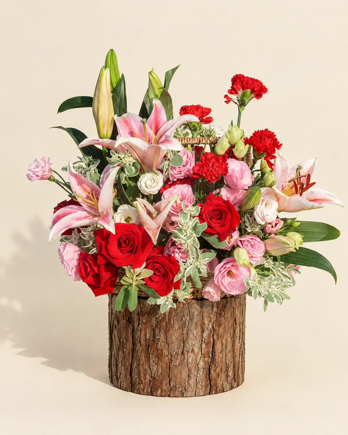 Dad's Complete Blessing Bouquet — Pink oriental lily 2 stems (3–5 heads/stem), Carola red roses 9 stems, Ye-shang flower 10 stems, Red carnations 15 stems, Pink lisianthus 5 stems (3+ heads/stem)