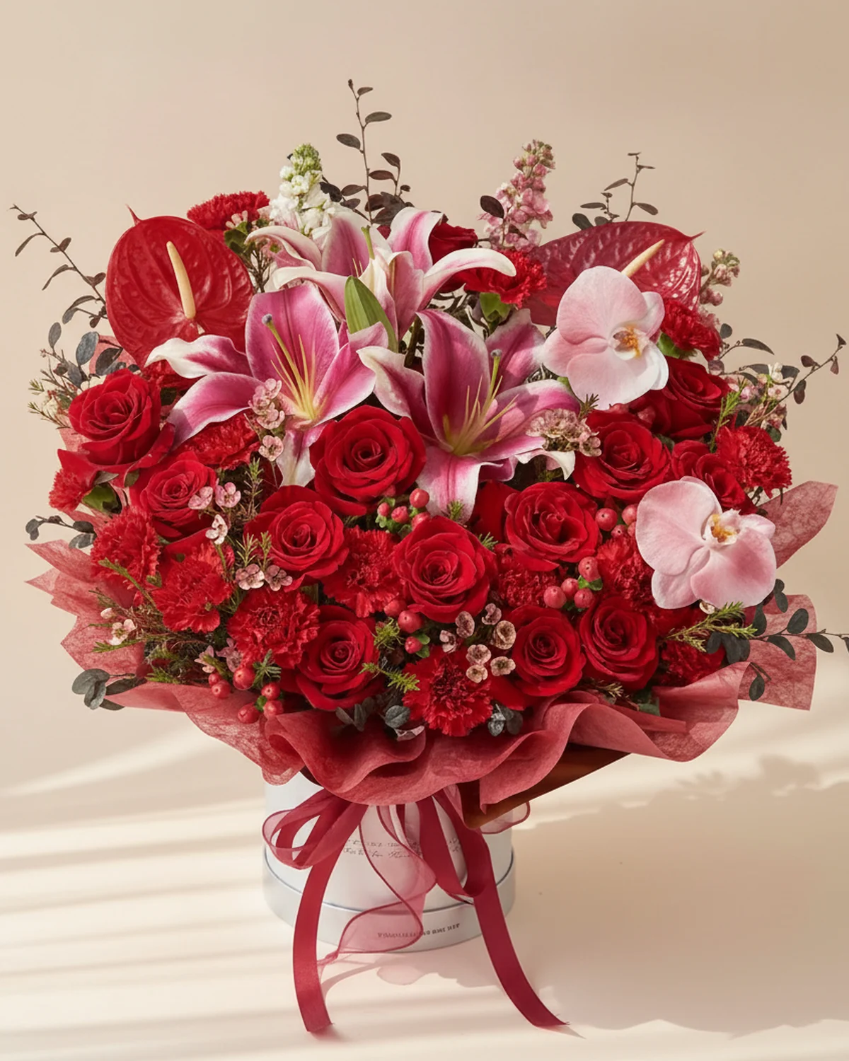 Respectful Tribute Bucket for Dad — 13 red roses, 19 red carnations, 1 pink lily (4 heads per stem), 4 white stock flowers (sprayed red), Red anthuriums, 2 stems, 7 wintersweet stems, 6 red bean stems, 15 red photinia stems, 2 white moth orchids (sprayed red), one 19.5 cm large bucket