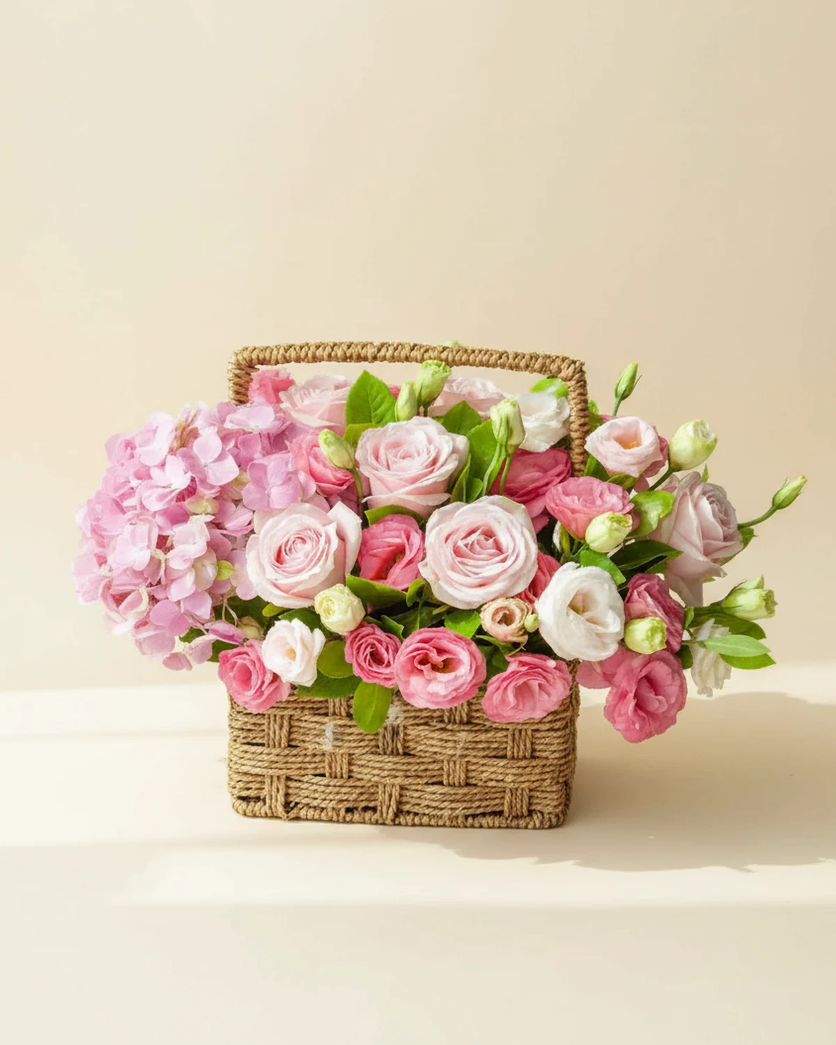 Treasured Moments Bouquet for Dad — 1 pink hydrangea, 6 pink Snow Mountain roses or Luoshen roses, 5 pink lisianthus (3+ heads per stem), Gardenia foliage, 5 stems