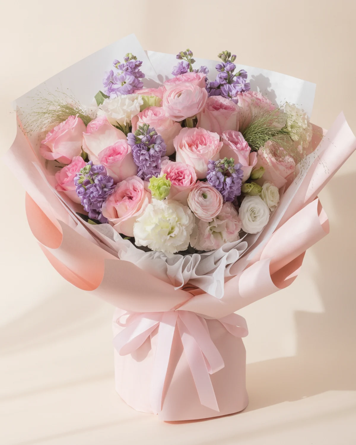 Spring Salute Bouquet for Dad — 6 stock flowers, 14 Luoshen roses, 4 pink ruffled lisianthus (3+ heads per stem), Pink ranunculus, 2 stems, 2 fountain grass stems