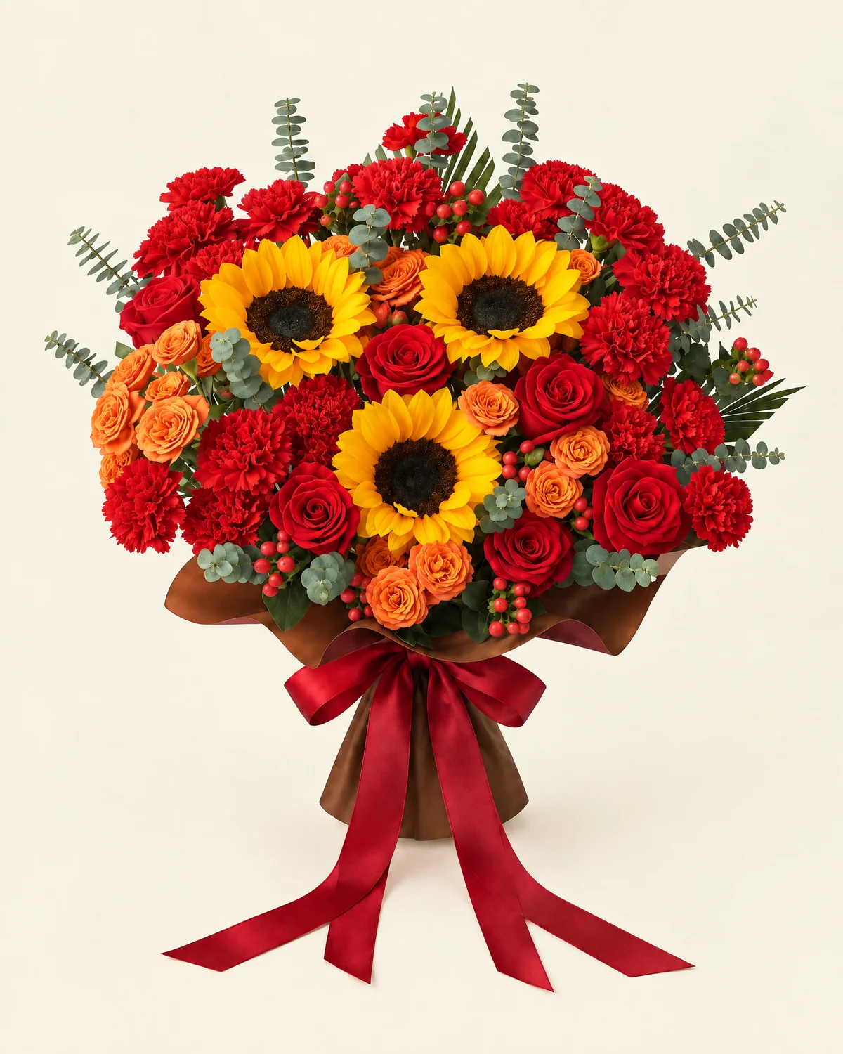 Sunlit Red and Orange Floral Bucket Arrangement — Red roses, 6 stems, Sunflowers, 3 stems, Orange spray roses, 4 stems, Red hypericum berries, 7 stems, Red carnations, 22 stems, Eucalyptus foliage, 15 stems, Areca palm foliage, 4 stems, 19.5 cm floral bucket, 1