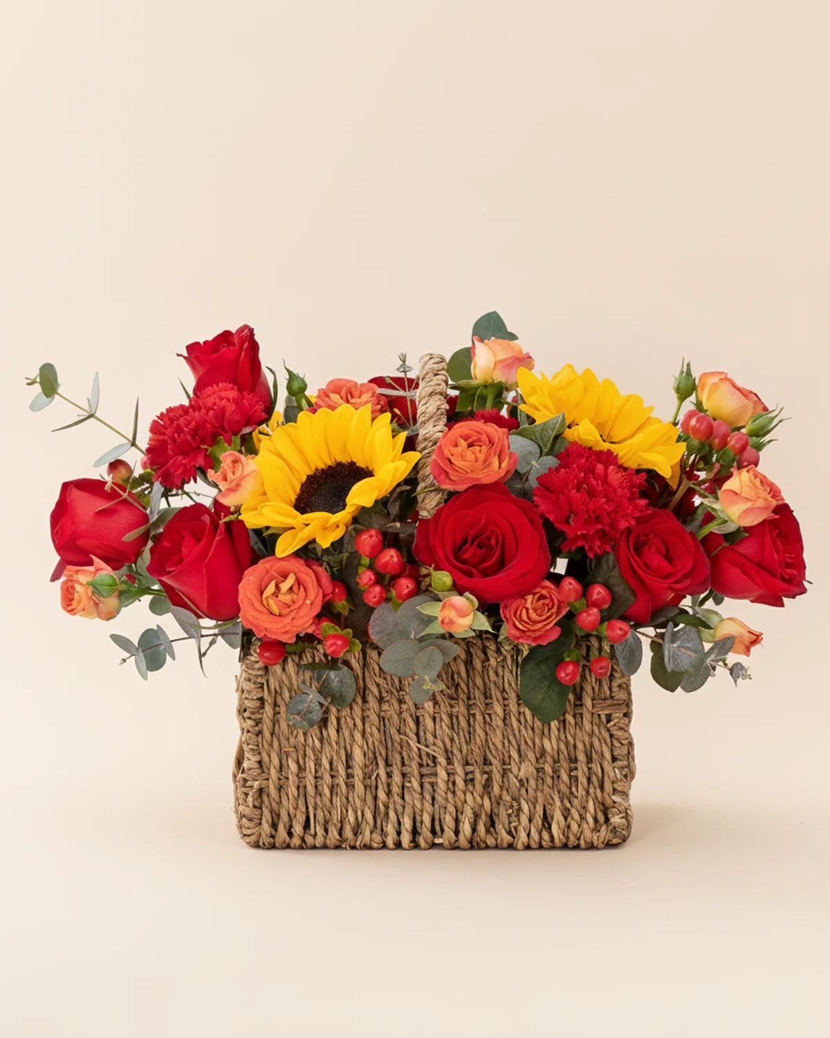Warm Blessings for Dad — 11 red carnations, 11 Carolla red roses, 3 sunflowers, Red hypericum berries, 5 stems (3+ heads), 3 orange multi-head roses (6-8 heads per stem), 5 eucalyptus stems