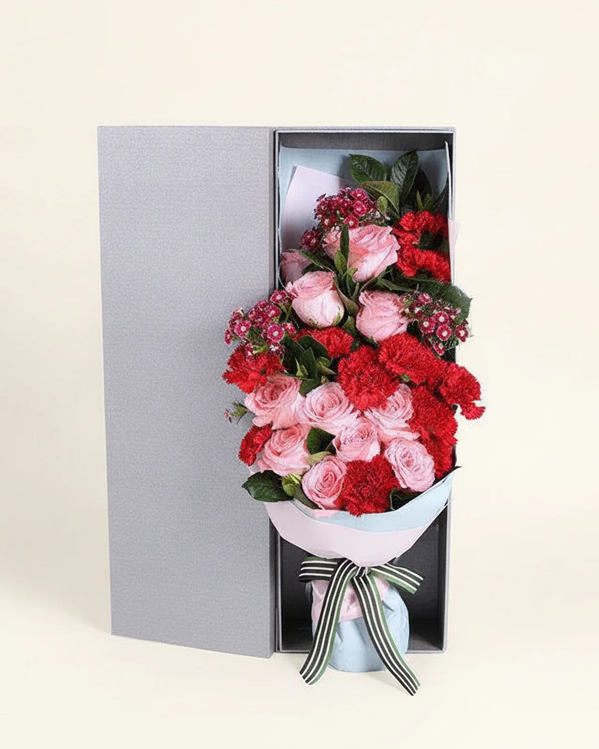 Elegant Tribute Gift Box for Dad — luxury gift box of flowers, 11 Diana pink roses, 11 red carnations, 4 red dianthus, Gardenia foliage, 4 stems