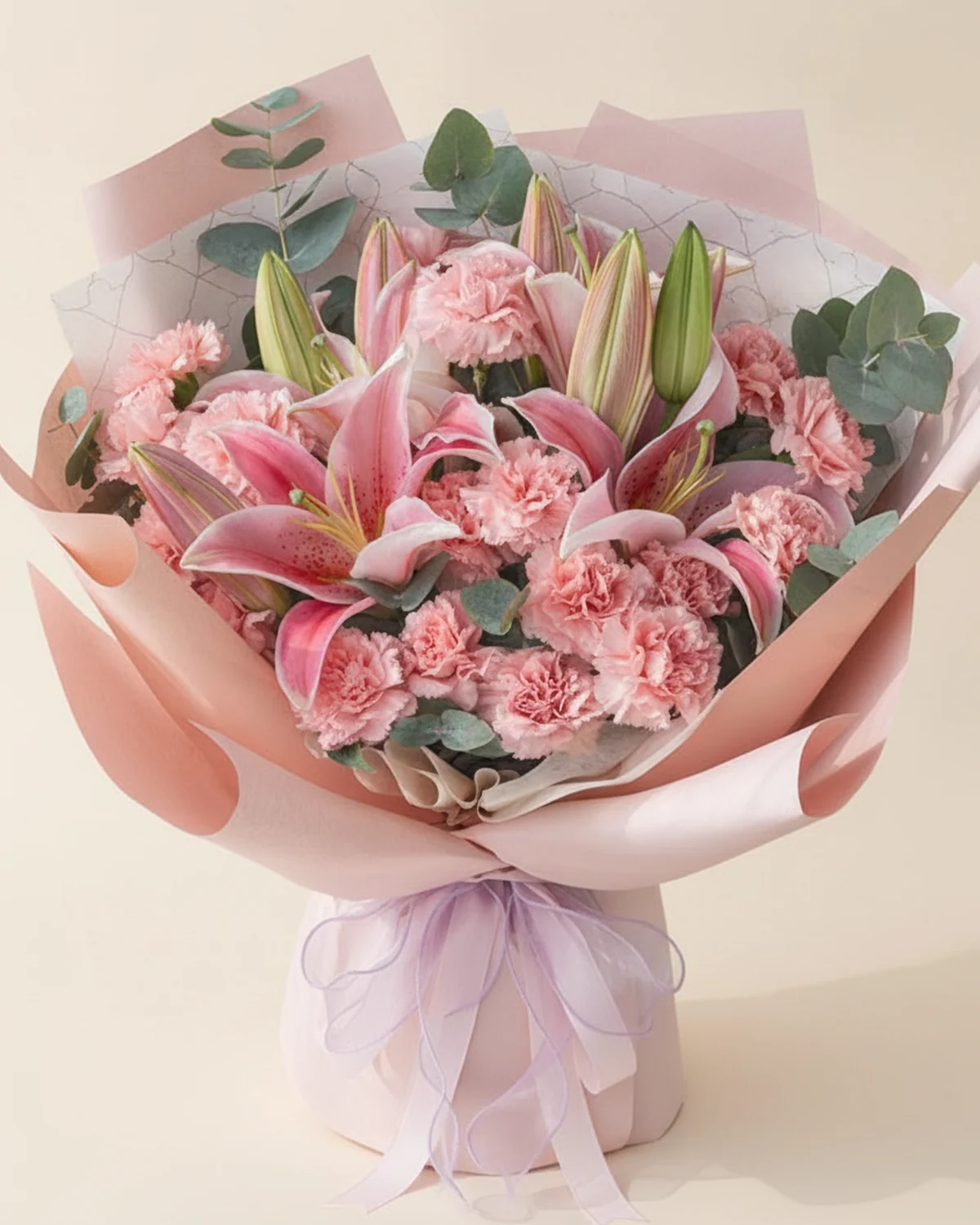 Dad's Warm Fragrance Bouquet — Carnations & Lilies — 19 pink carnations, 3 multi-headed pink fragrant lily stems, 10 eucalyptus stems