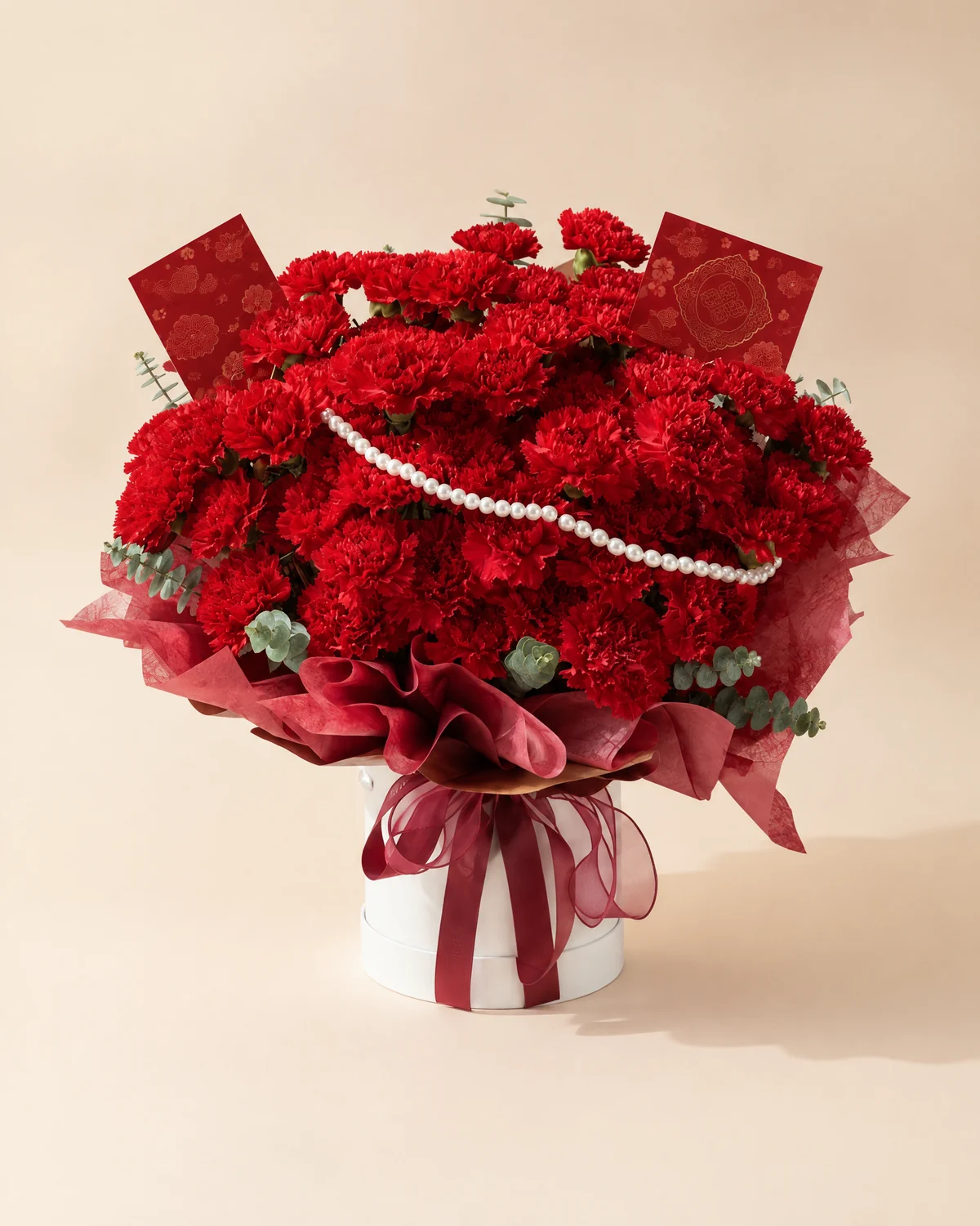 Enduring Father's Respect — Red Carnation Tribute — 66 red carnations, 15 eucalyptus stems