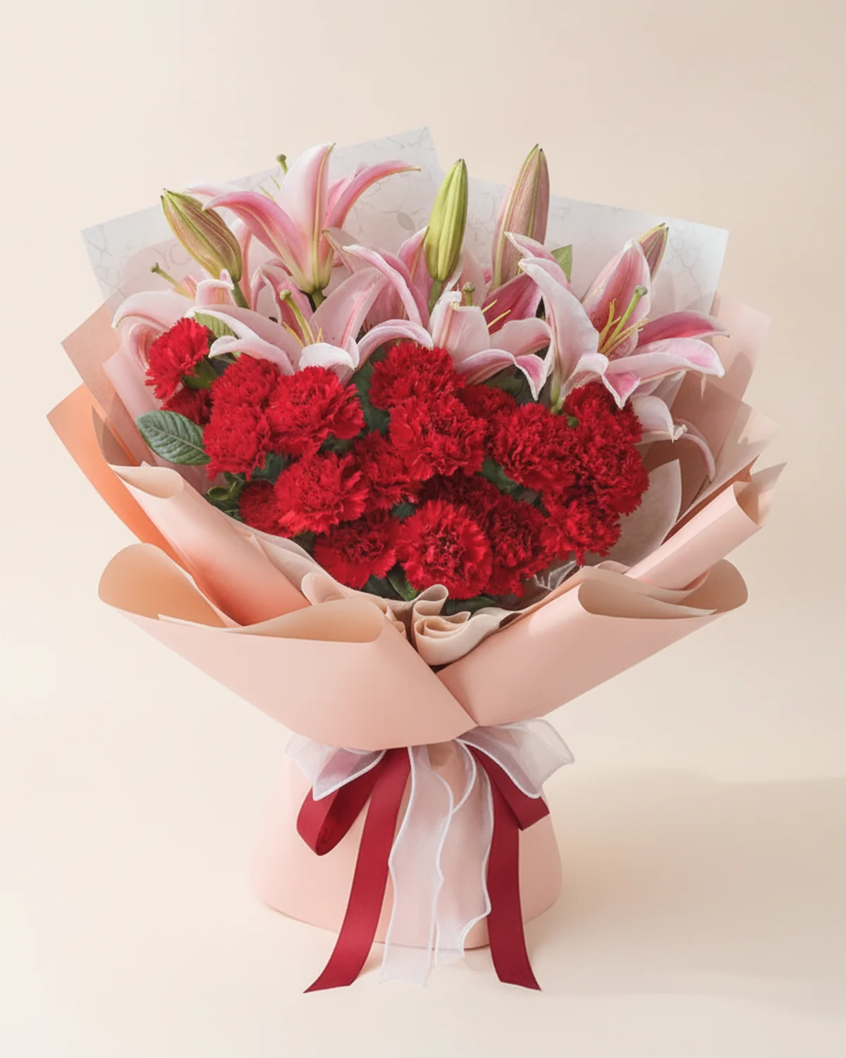 Warm Father's Grace — Red Carnations & Lilies — 19 red carnations, 3 multi-headed pink lily stems, Gardenia foliage, 10 stems