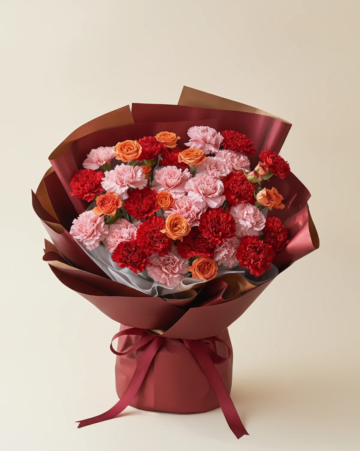 Father's Joy — Bicolor Carnations Bouquet — 13 pink carnations, 13 red carnations, 3 orange multi-headed 'bubble' stems (6+ heads per stem)