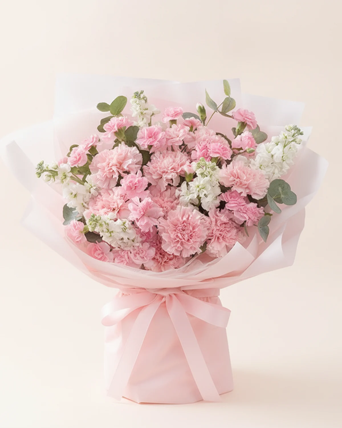 Gentle Moments for Dad — 9 stems cherry-blossom pink carnations, 5 stems pink multi-head carnations (4–6 heads per stem), 5 stems white stock flowers, 5 stems eucalyptus