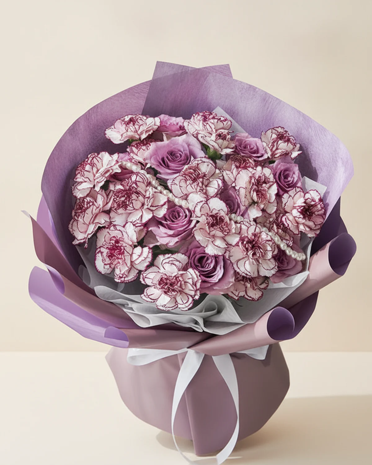 A Purple Tribute to Dad — 18 stems white carnations with purple edges ('Purple Elf' variety), 9 stems purple roses
