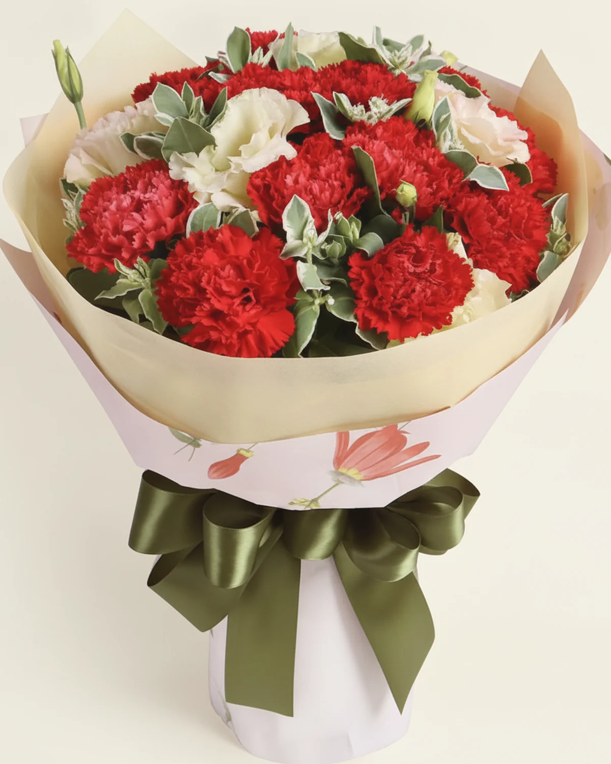 Red Carnation & Champagne Lisianthus Bouquet — Red carnations, 16 stems, Champagne lisianthus, 3 stems, Variegated foliage, 8 stems