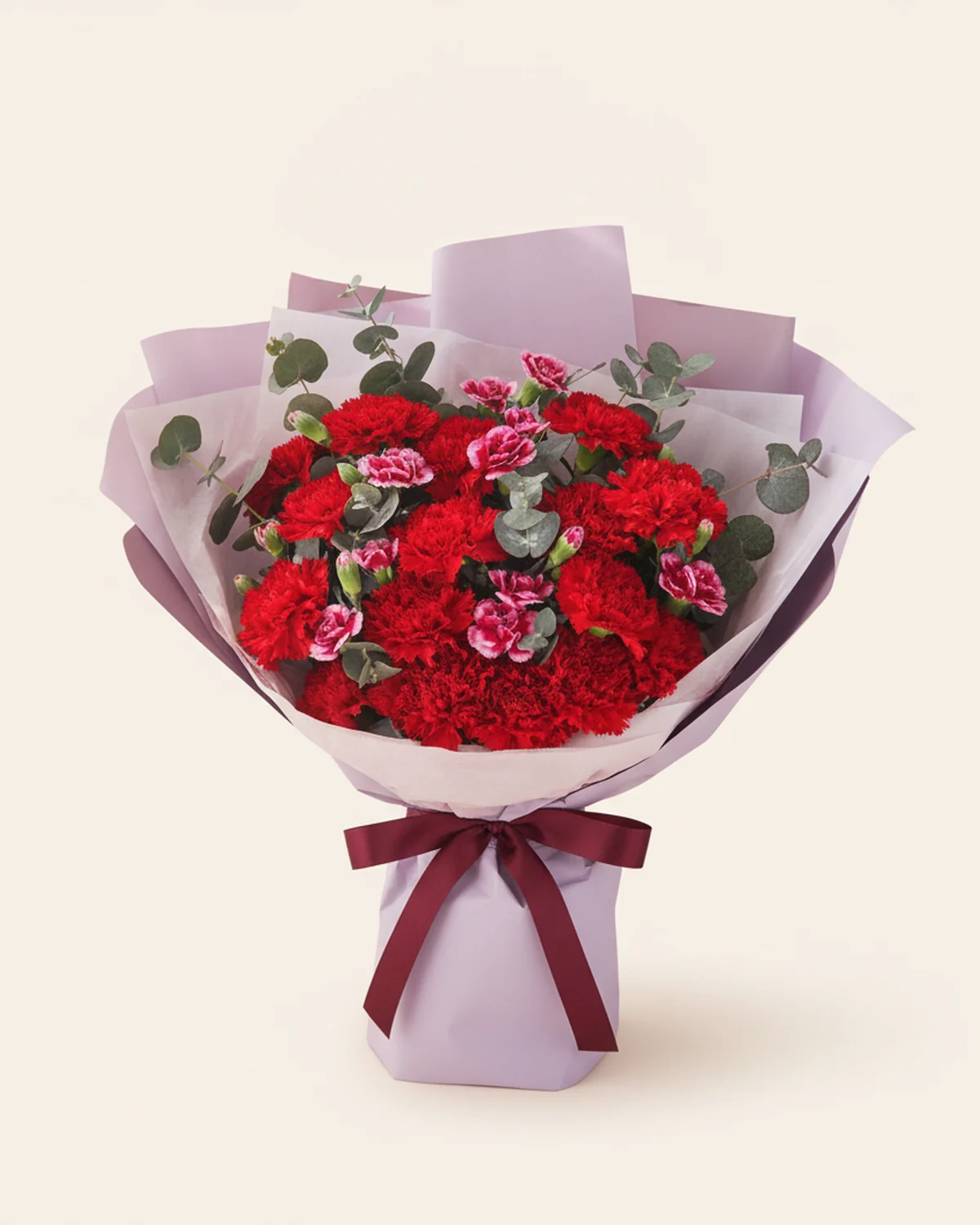Classic Keepsake for Dad — 16 stems red carnations, White-edged purple spray carnations, 7 stems, 10 stems eucalyptus